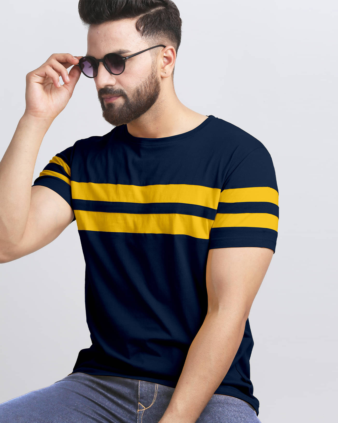 ENITOR Men Cotton Blend Regular Fit Striped T-Shirt ( Blue ) ENITOR Men Cotton Blend Regular Fit Striped T-Shirt ( Blue )