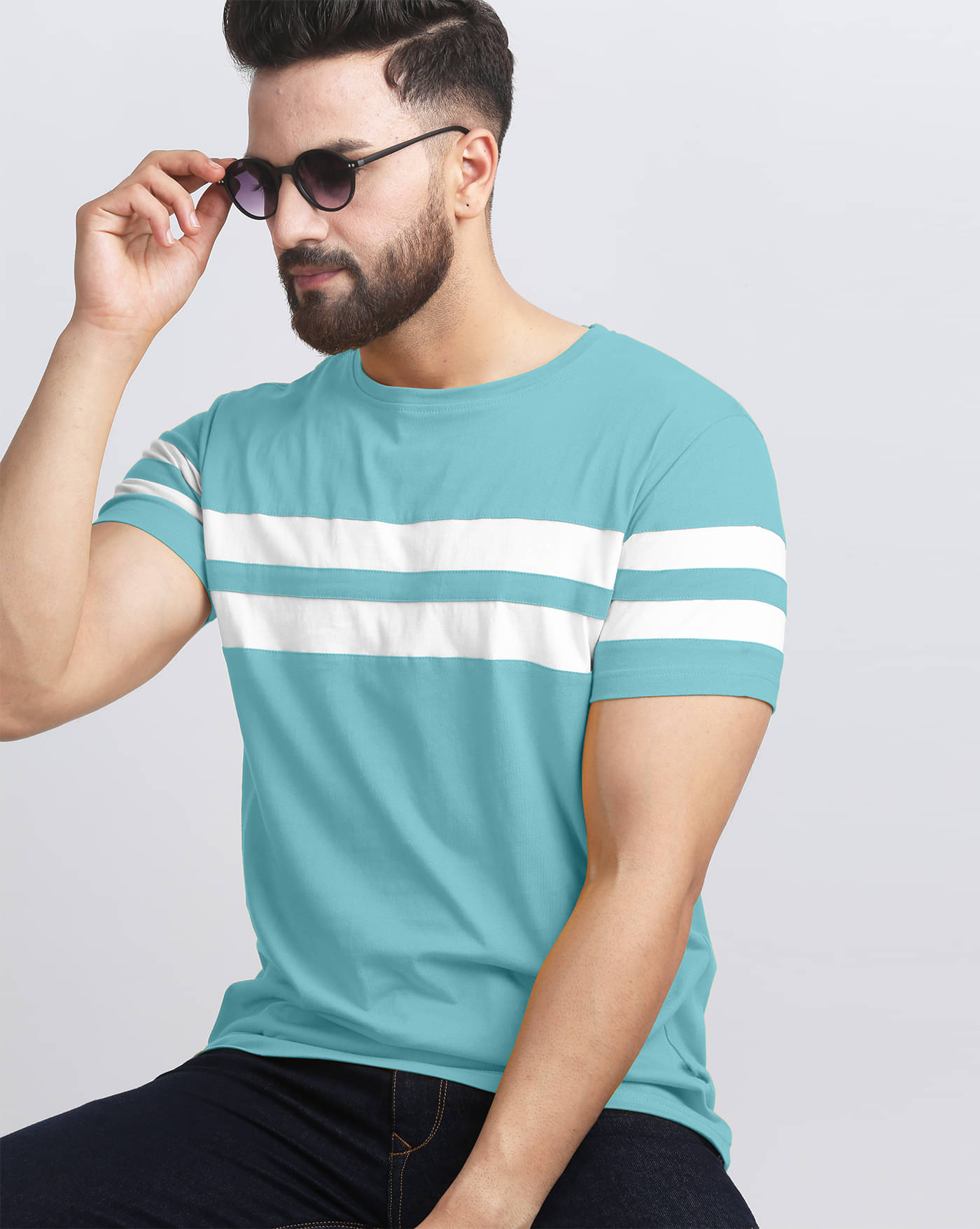 ENITOR Men Cotton Blend Regular Fit Striped T-Shirt ( Sky Blue ) ENITOR Men Cotton Blend Regular Fit Striped T-Shirt ( Sky Blue )
