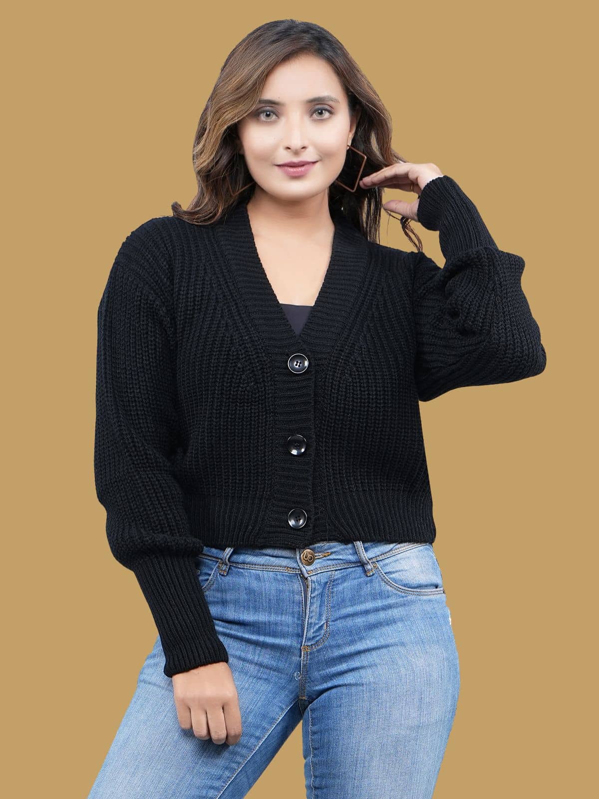 FEVERFEW Women Woollen V-Neck Cardigan ( Black )
