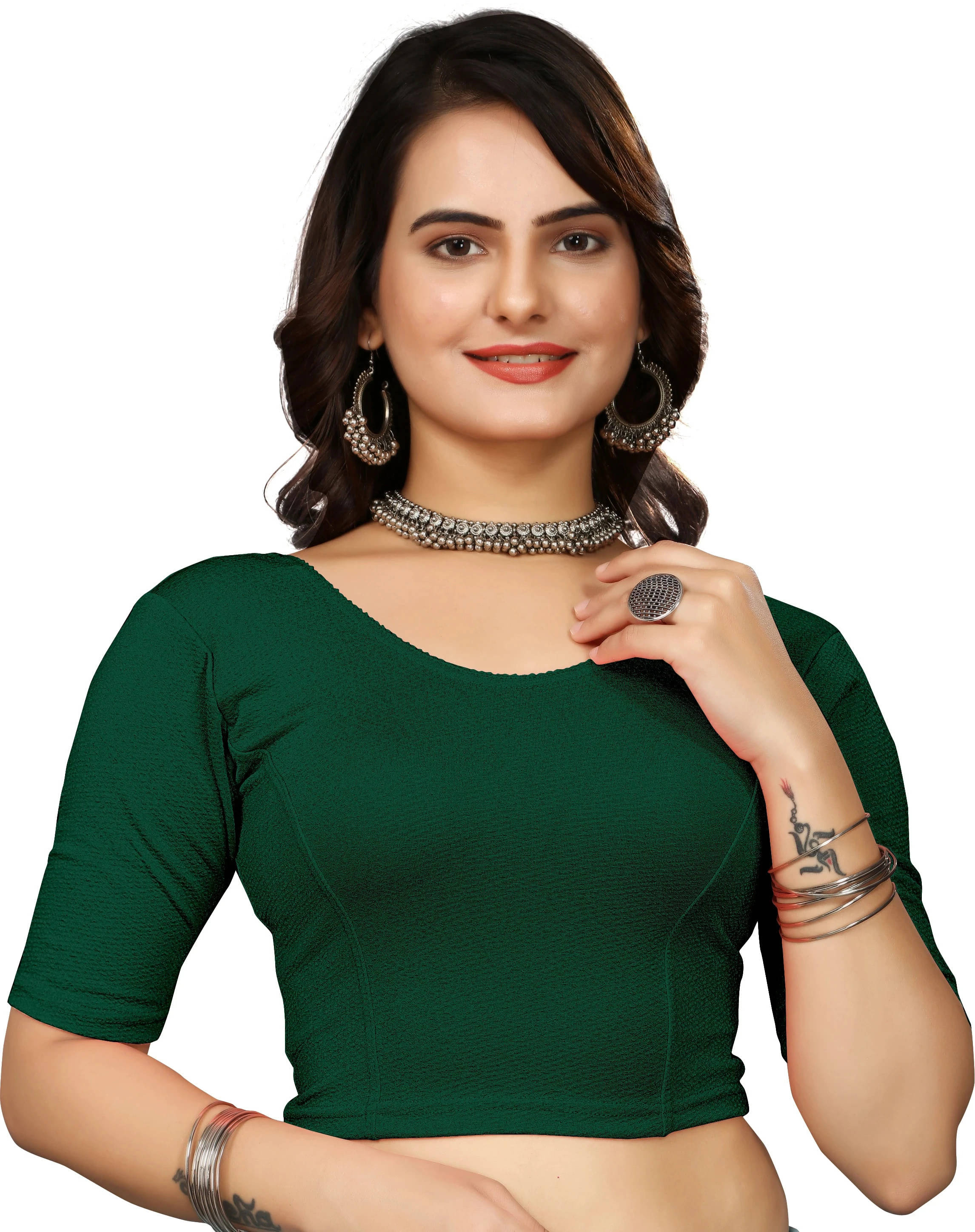     			HeeFee Green Readymade with Pad Lycra Women's Blouse ( Pack of 1 )