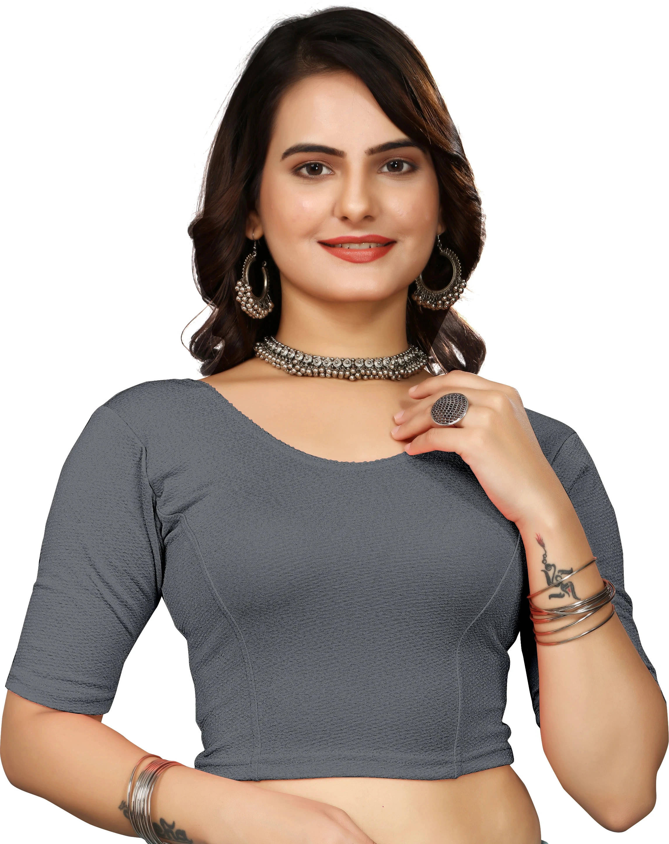 HeeFee Grey Readymade with Pad Lycra Women's Blouse ( Pack of 1 )     			HeeFee Grey Readymade with Pad Lycra Women's Blouse ( Pack of 1 )