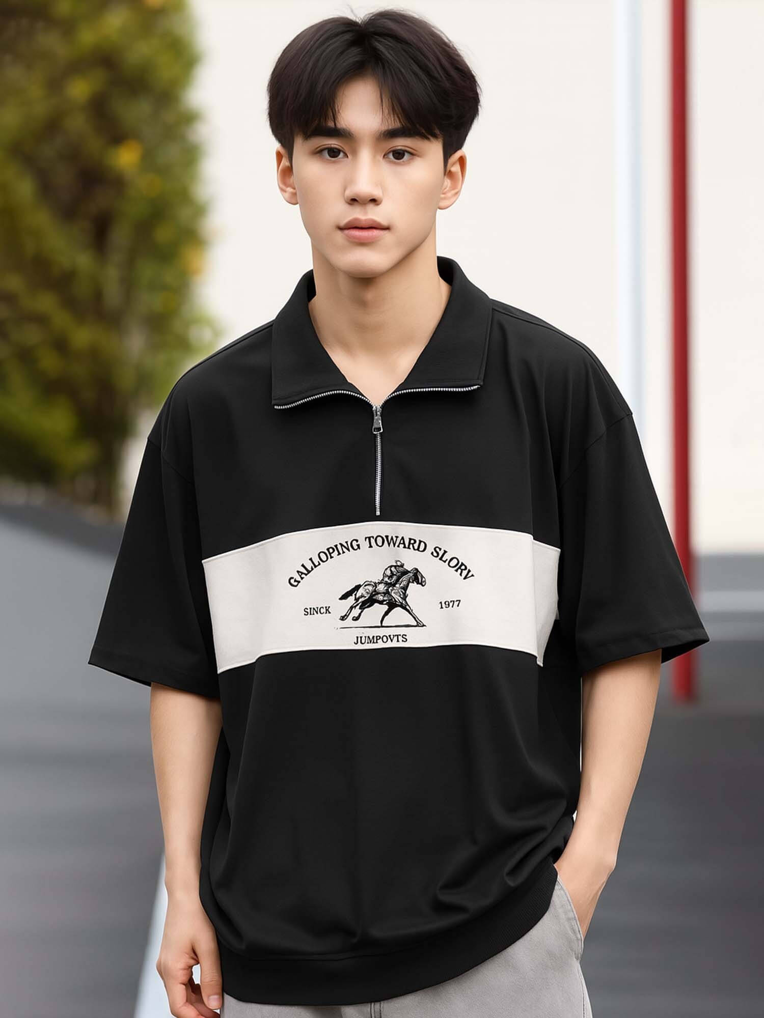 JUMP CUTS Men Cotton Blend Oversized Fit Printed Polo T Shirt ( Black )     			JUMP CUTS Men Cotton Blend Oversized Fit Printed Polo T Shirt ( Black )
