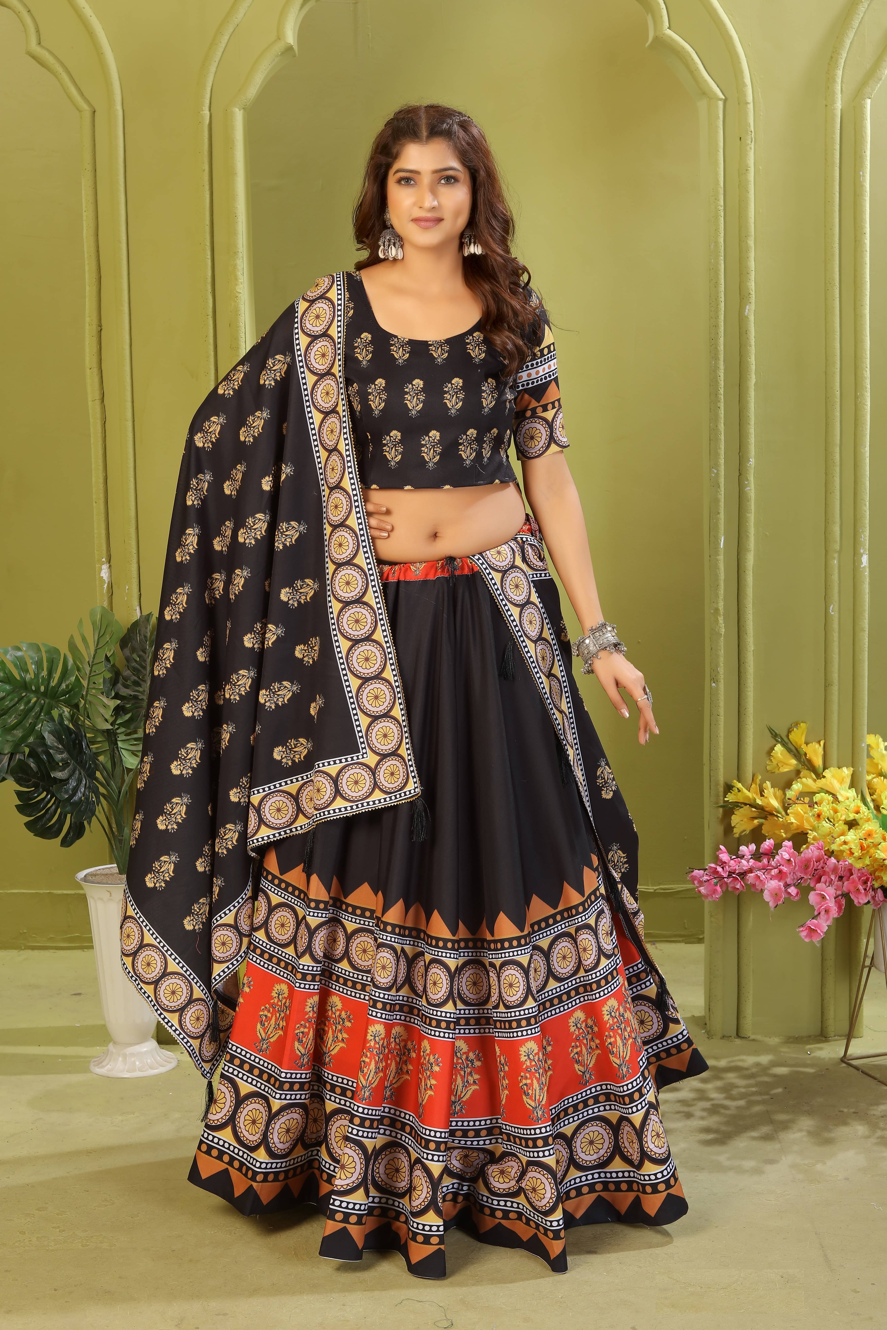 KRISHU ETHNICS Black Rayon Circular Semi Stitched Lehenga Single KRISHU ETHNICS Black Rayon Circular Semi Stitched Lehenga Single