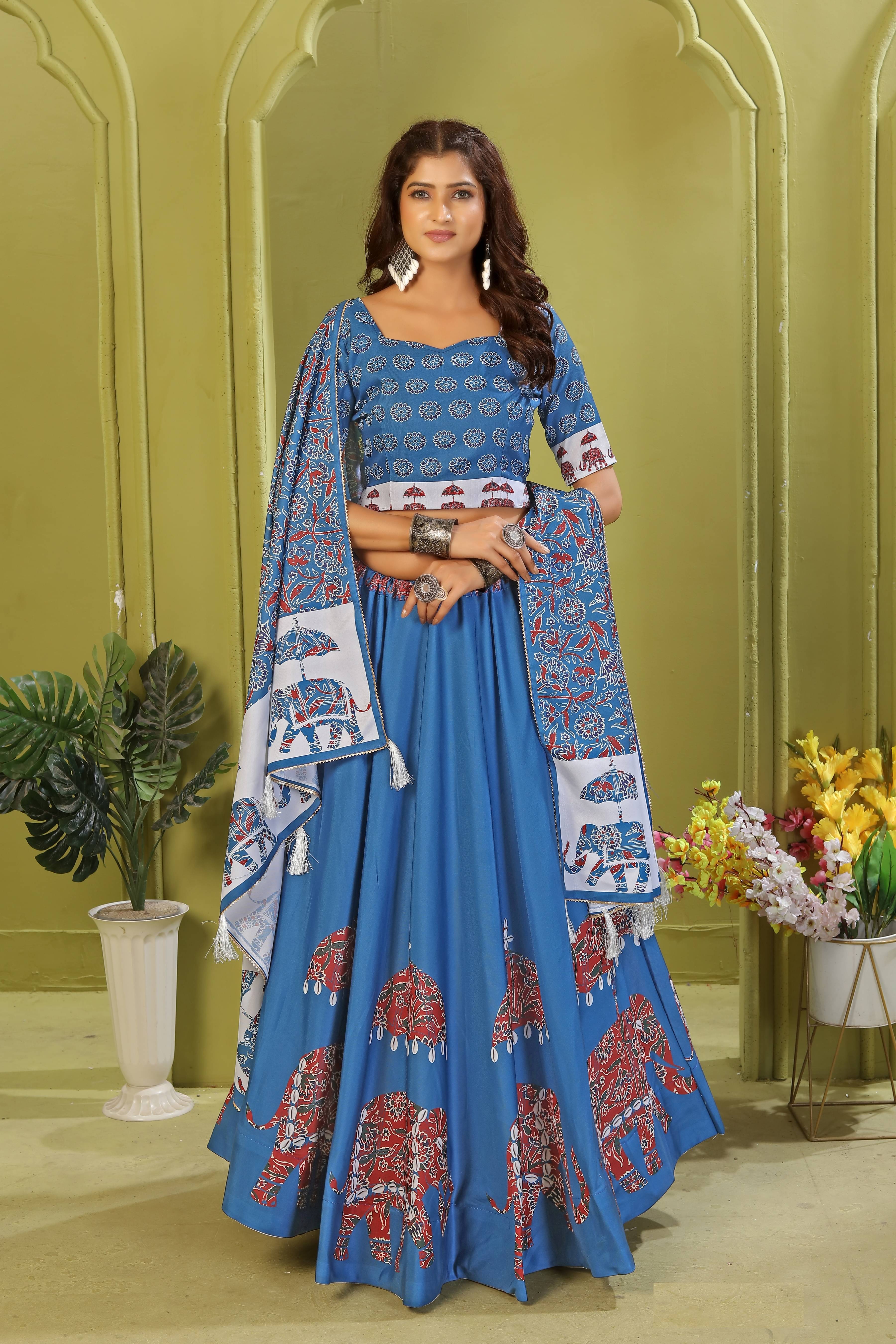     			KRISHU ETHNICS Blue Rayon Circular Semi Stitched Lehenga Single