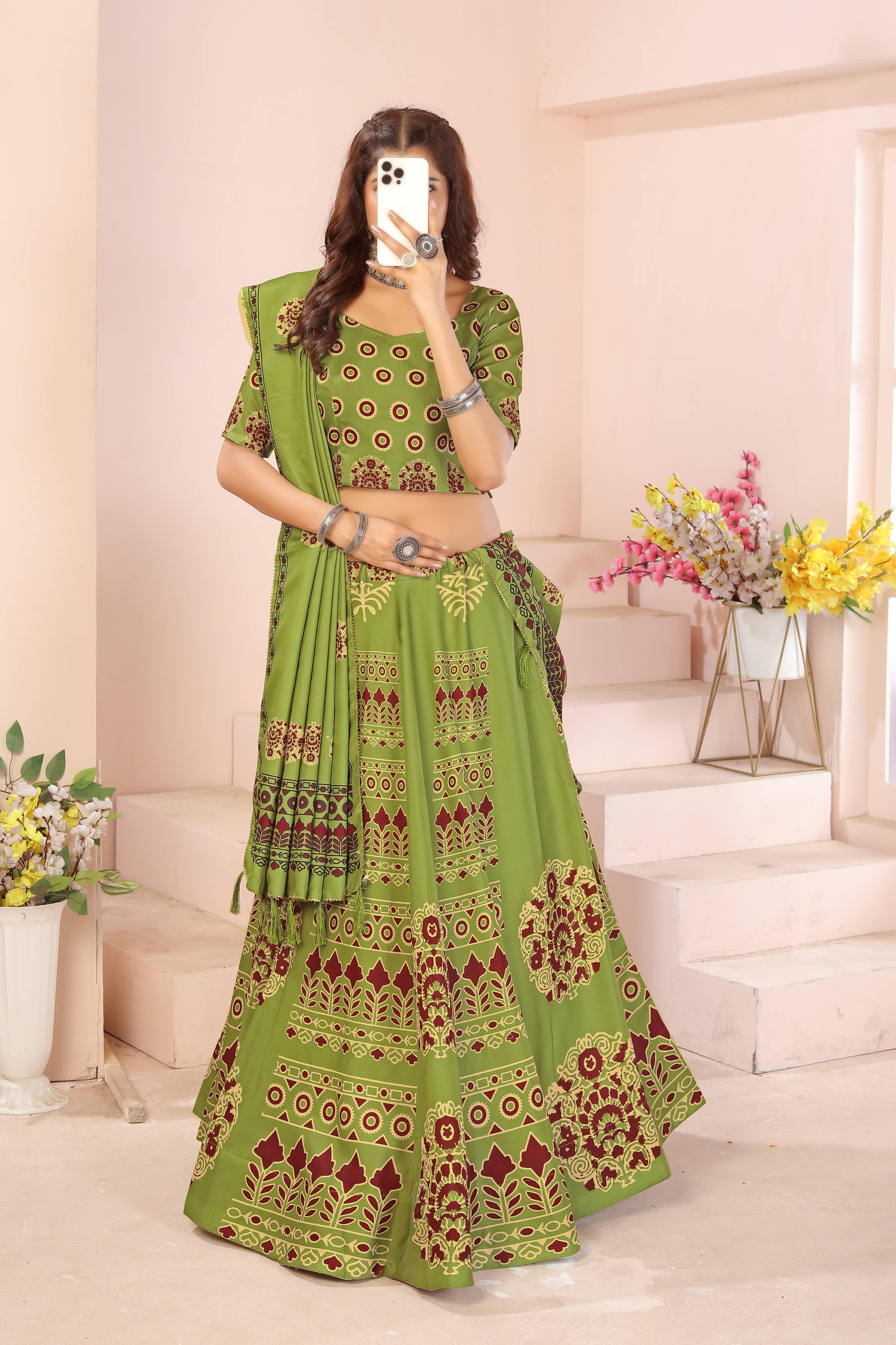     			KRISHU ETHNICS Green Rayon Circular Semi Stitched Lehenga Single