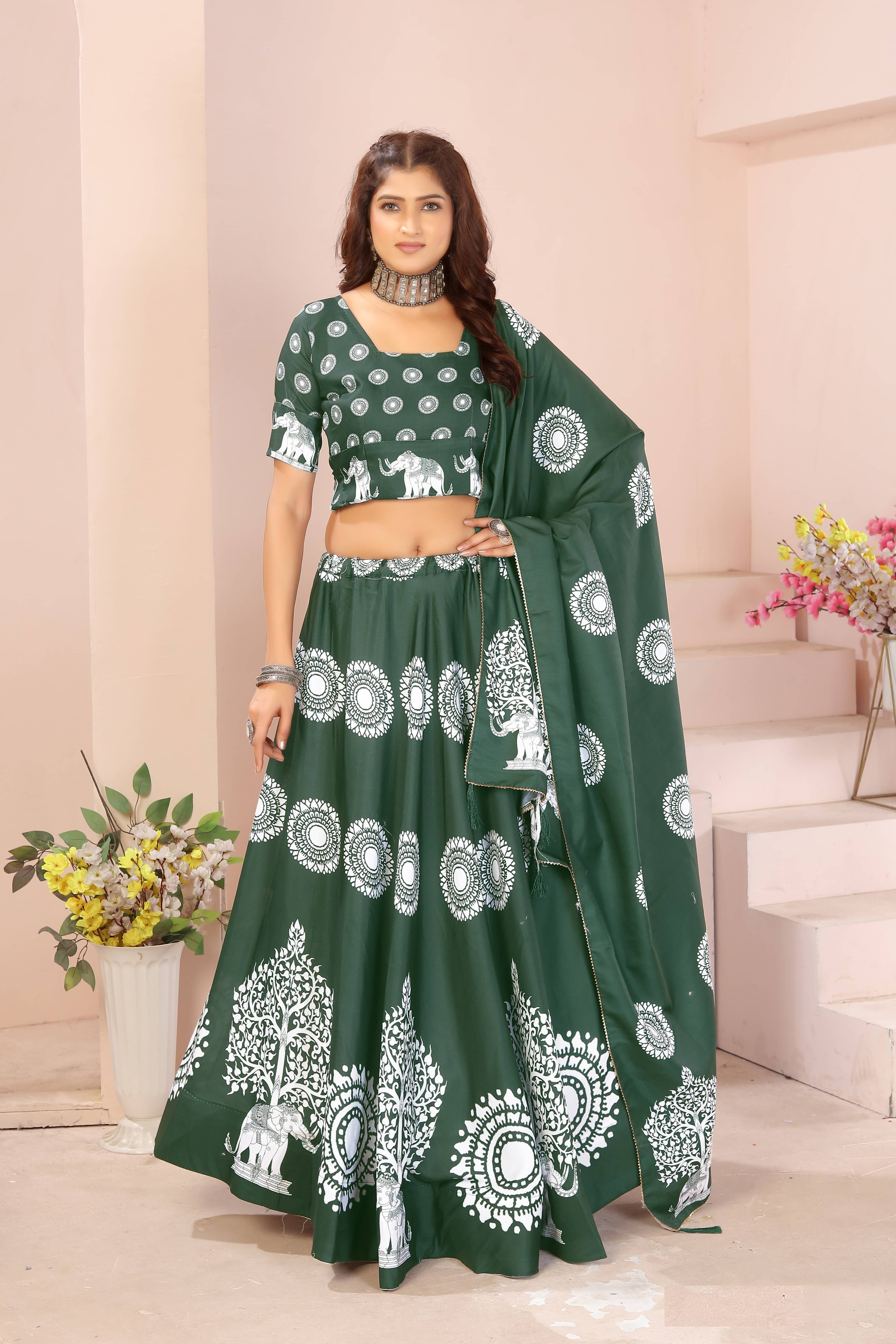 KRISHU ETHNICS Green Rayon Circular Semi Stitched Lehenga Single KRISHU ETHNICS Green Rayon Circular Semi Stitched Lehenga Single