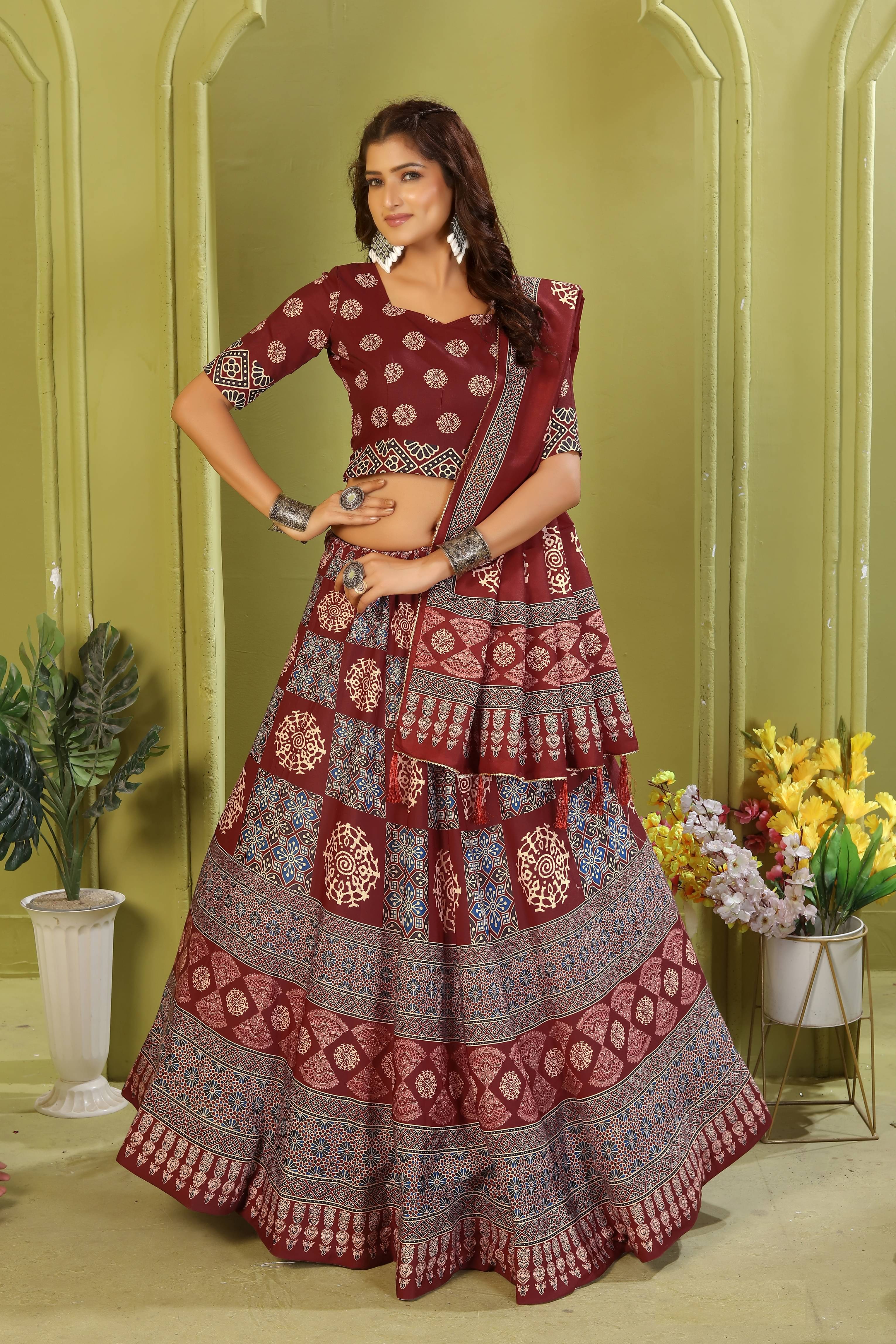 KRISHU ETHNICS Maroon Rayon Circular Semi Stitched Lehenga Single KRISHU ETHNICS Maroon Rayon Circular Semi Stitched Lehenga Single