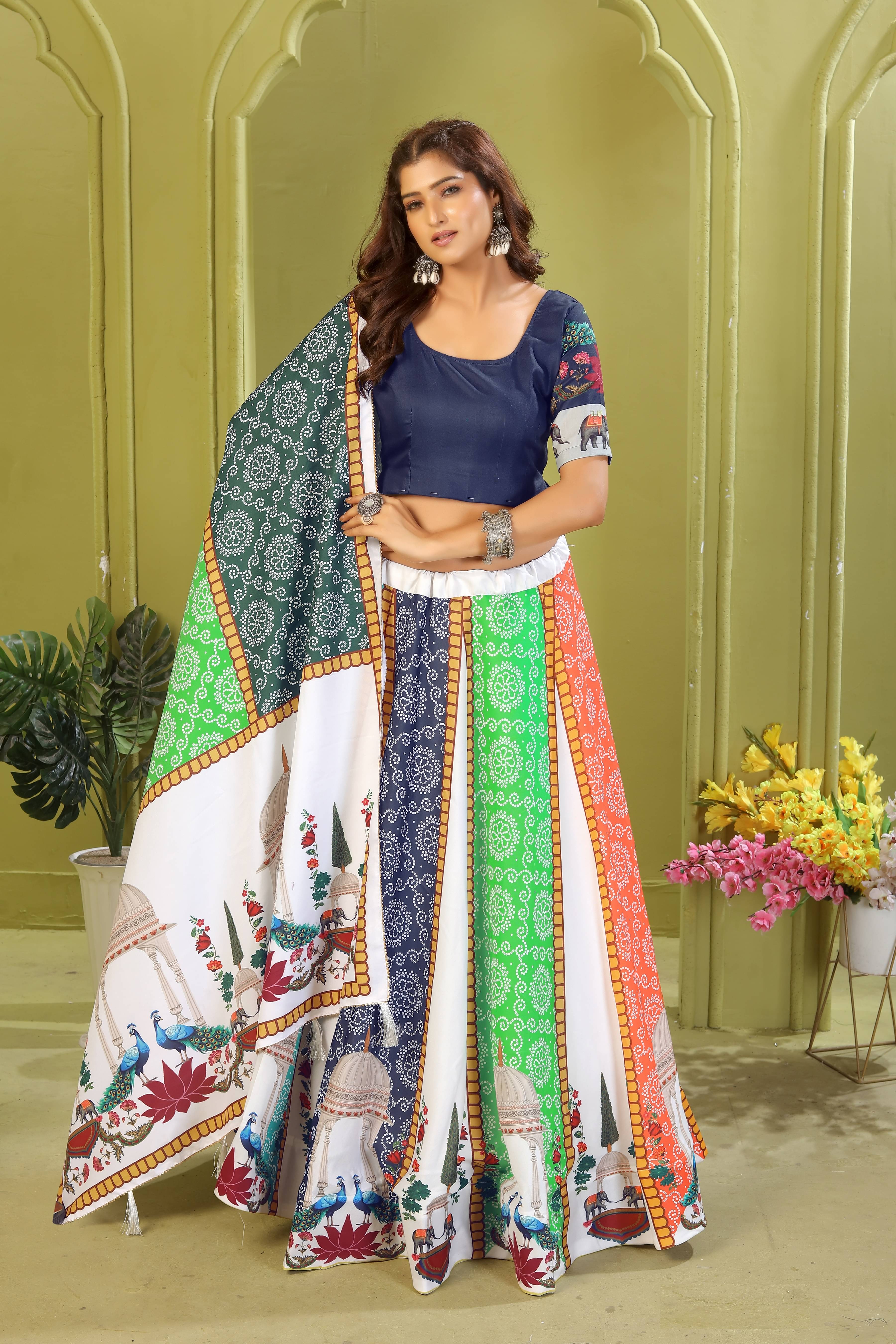     			KRISHU ETHNICS White Rayon Circular Semi Stitched Lehenga Single