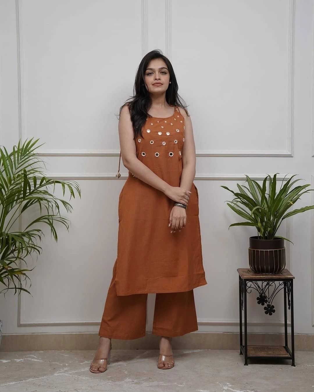     			Laxmi Creation Women Cotton Embroidered A-line Kurti With Pants ( Brown )