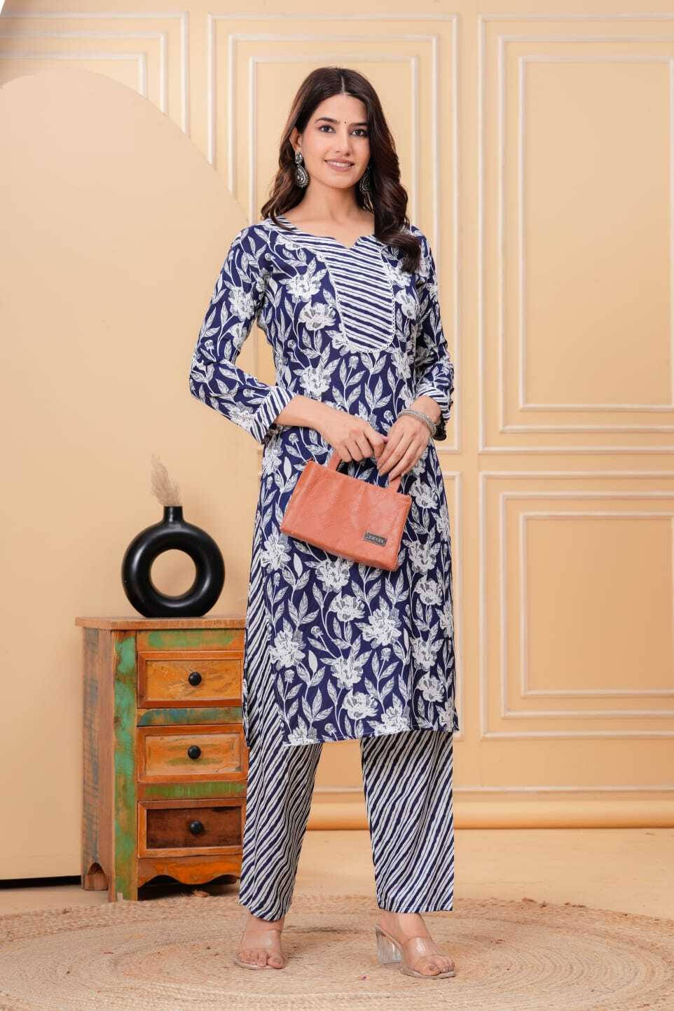     			Laxmi Creation Women Viscose Printed A-line Kurti With Pants ( Blue )