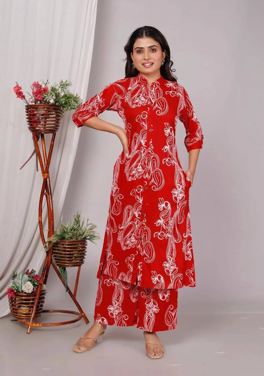     			Laxmi Creation Women Viscose Printed Front Slit Kurti With Pants ( Red )