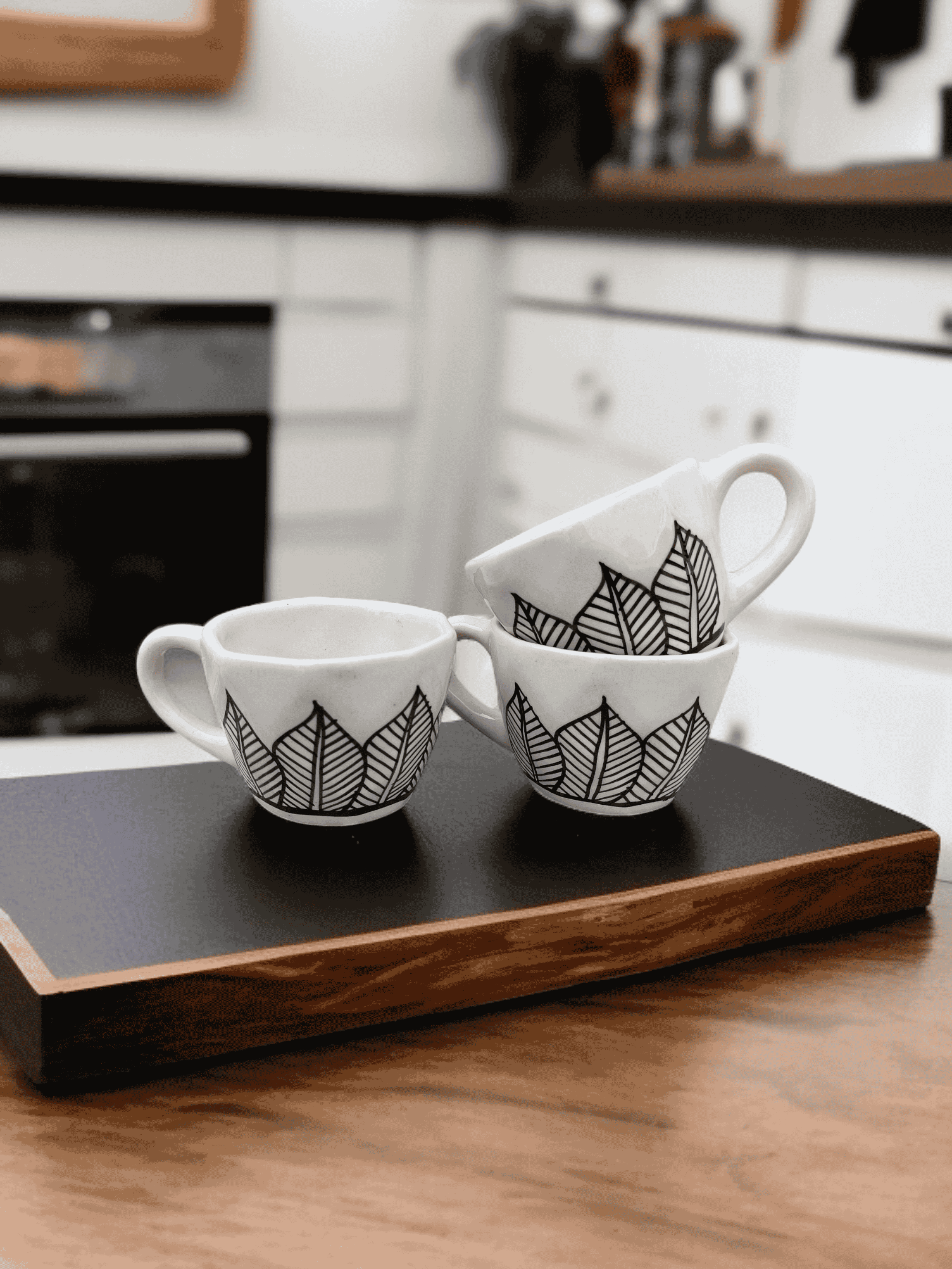     			Malaikah Blk Leaf Cup Pk 3 Floral Ceramic Coffee Mug 300 mL ( Pack of 3 )