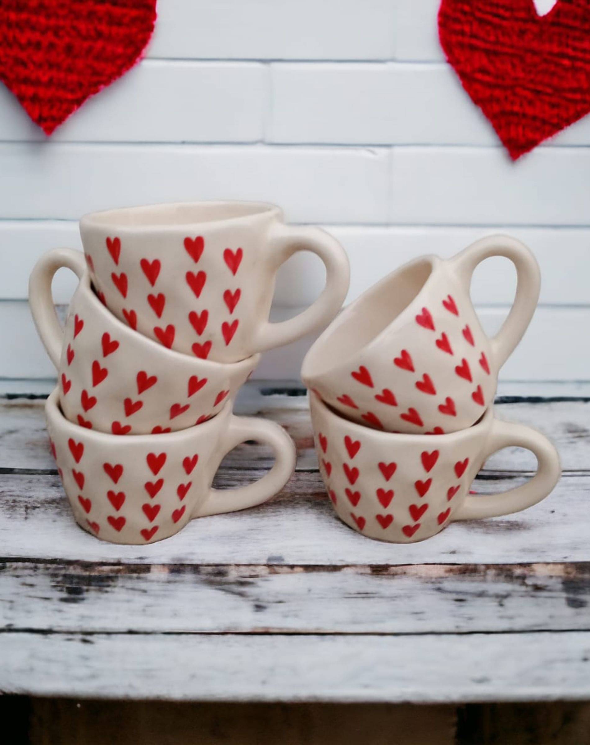     			Malaikah Red Hrt Cup Pk 5 Abstract Ceramic Coffee Mug 300 mL ( Pack of 5 )