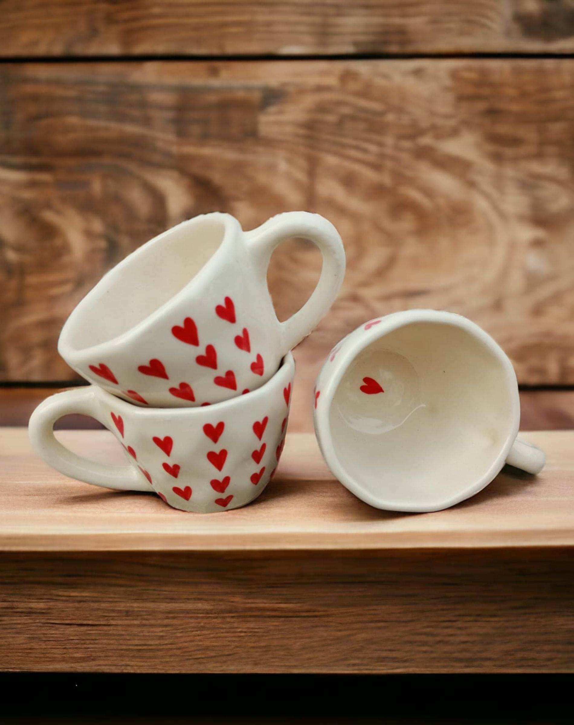     			Malaikah Red Hrt Cup Pk 3 Abstract Ceramic Coffee Mug 300 mL ( Pack of 3 )