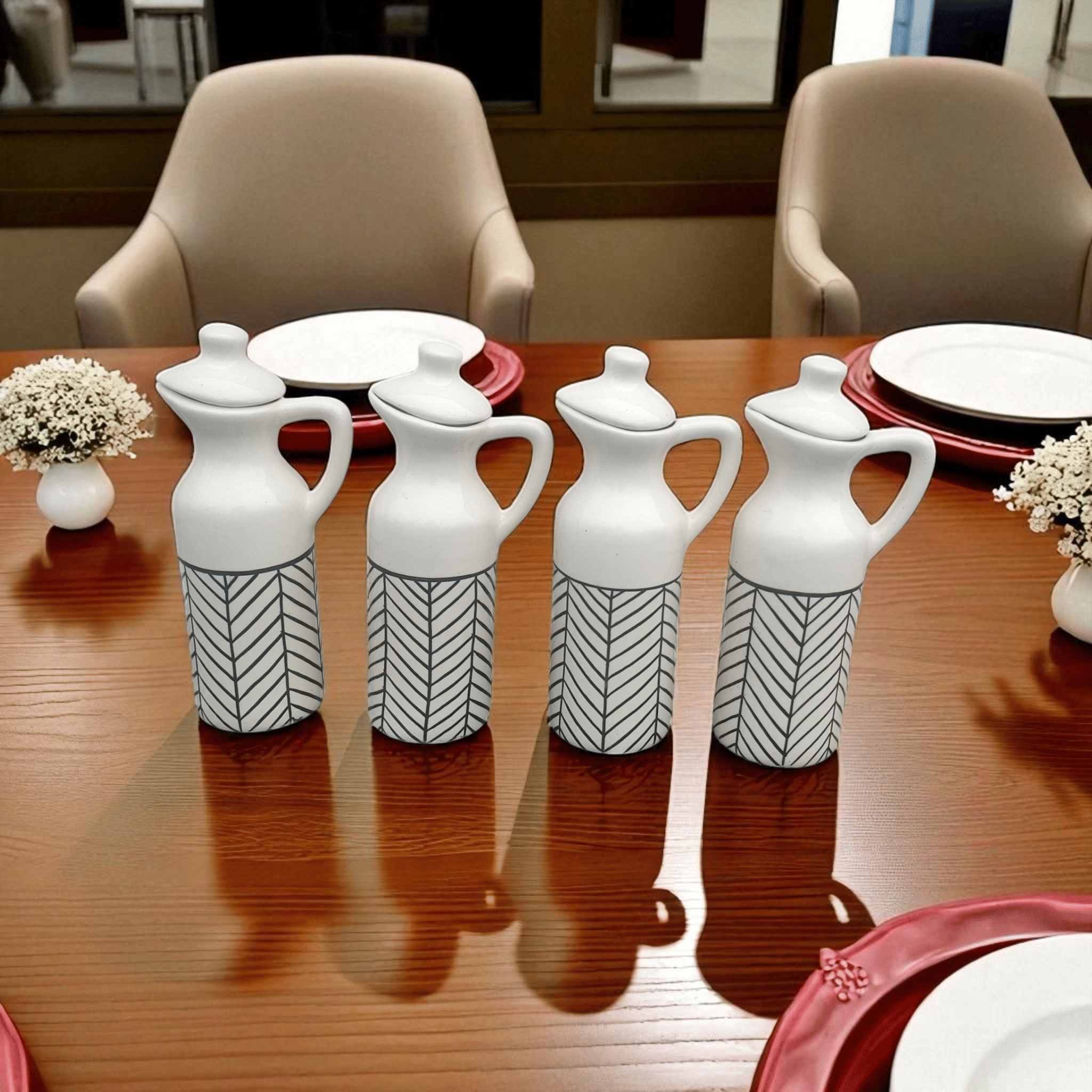Malaikah Wht Zbra Oil Disp Ceramic White Oil Container ( Set of 4 ) Malaikah Wht Zbra Oil Disp Ceramic White Oil Container ( Set of 4 )