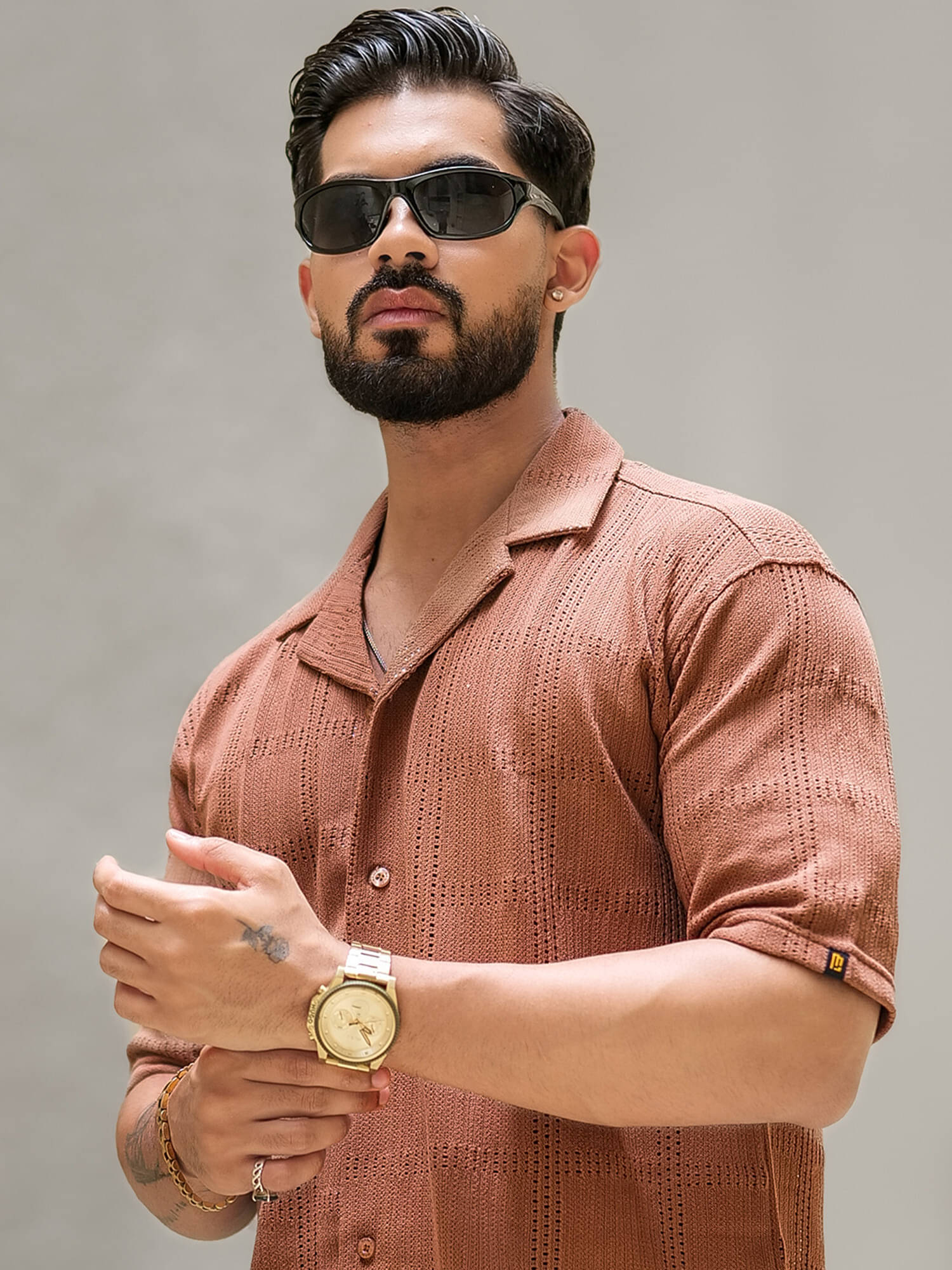     			Maniac 100% Cotton Oversized Fit Self Design Half Sleeves Men's Casual Shirt - Brown ( Pack of 1 )