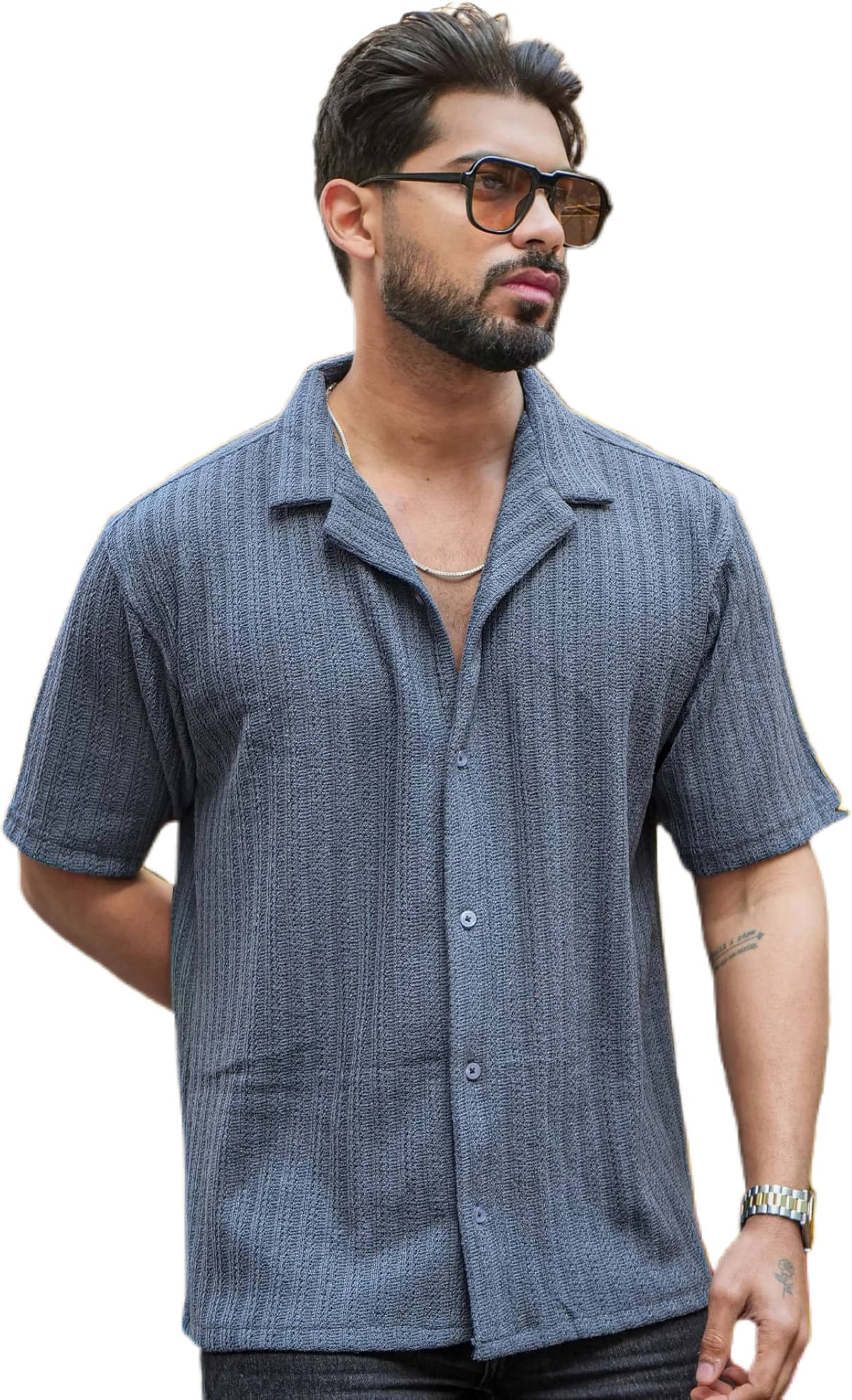     			Maniac 100% Cotton Oversized Fit Self Design Half Sleeves Men's Casual Shirt - Grey ( Pack of 1 )