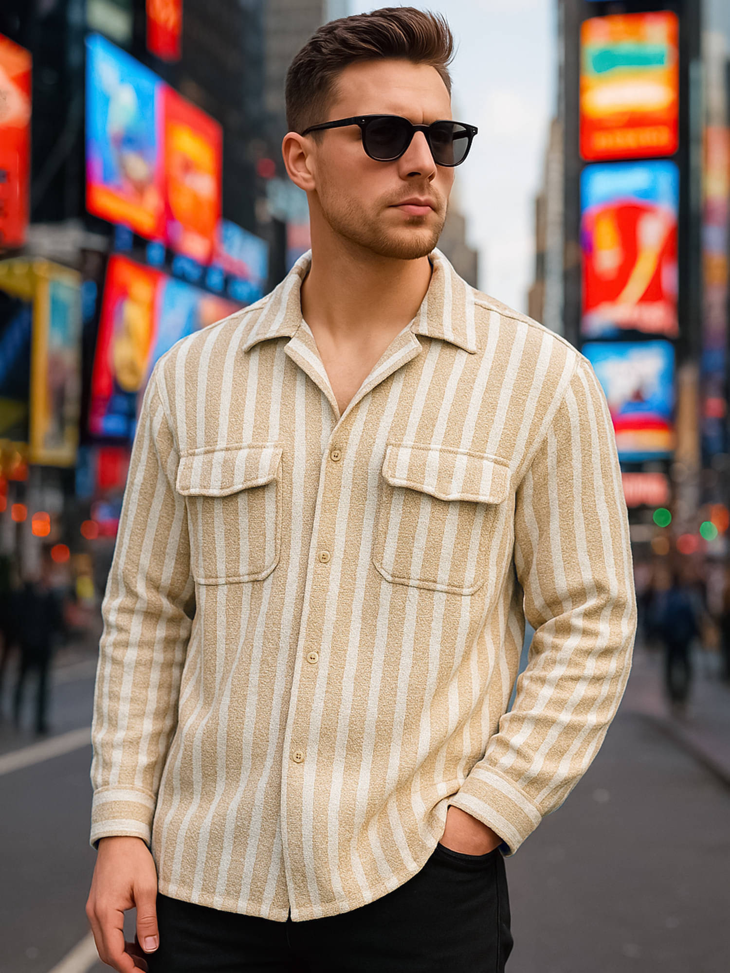     			Maniac 100% Cotton Oversized Fit Striped Full Sleeves Men's Casual Shirt - Beige ( Pack of 1 )
