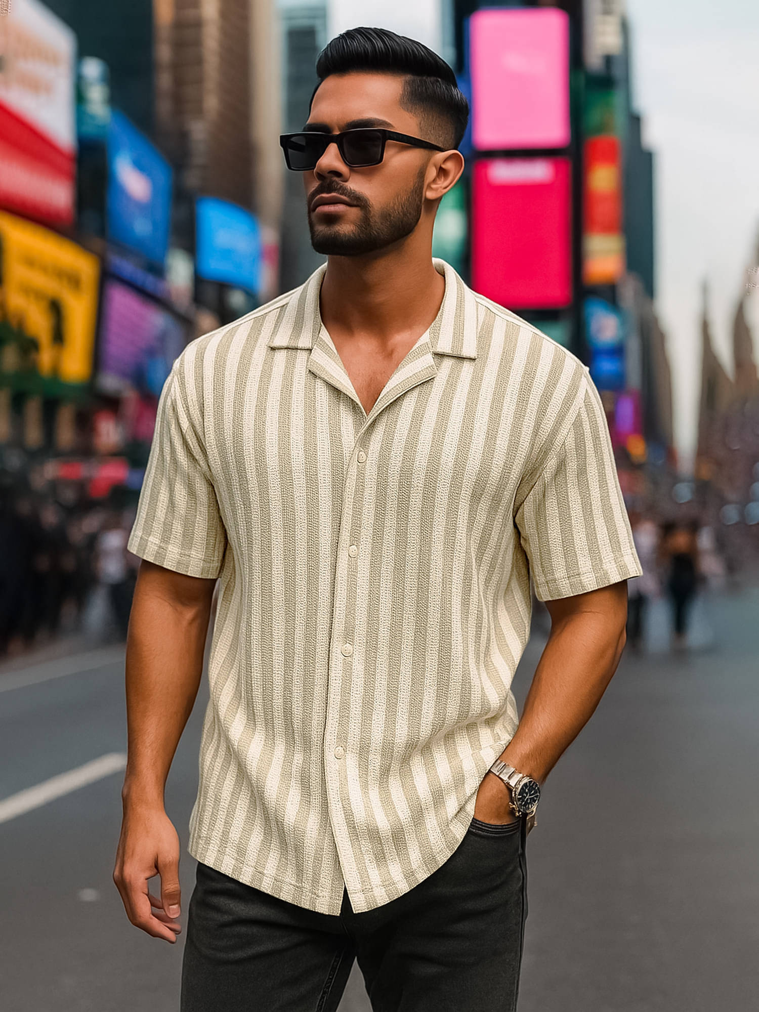     			Maniac 100% Cotton Oversized Fit Striped Half Sleeves Men's Casual Shirt - Beige ( Pack of 1 )