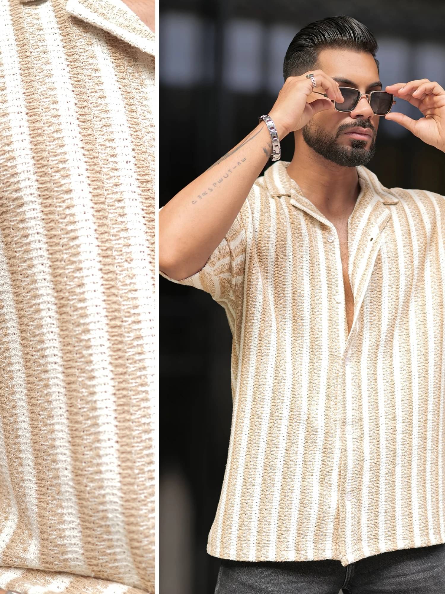     			Maniac 100% Cotton Oversized Fit Striped 3/4th Sleeves Men's Casual Shirt - Beige ( Pack of 1 )