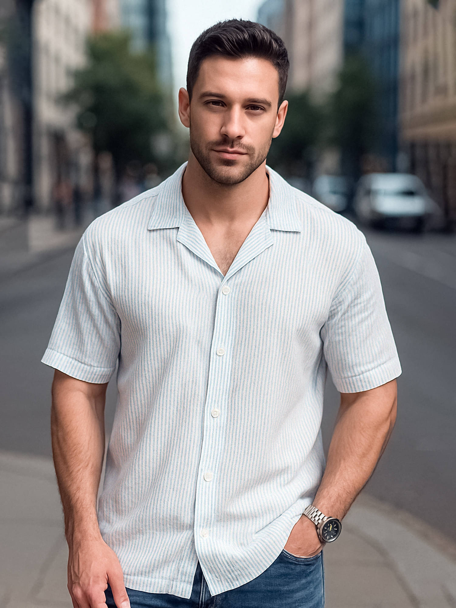     			Maniac Cotton Blend Boxy Striped 3/4th Sleeves Men's Casual Shirt - Blue ( Pack of 1 )