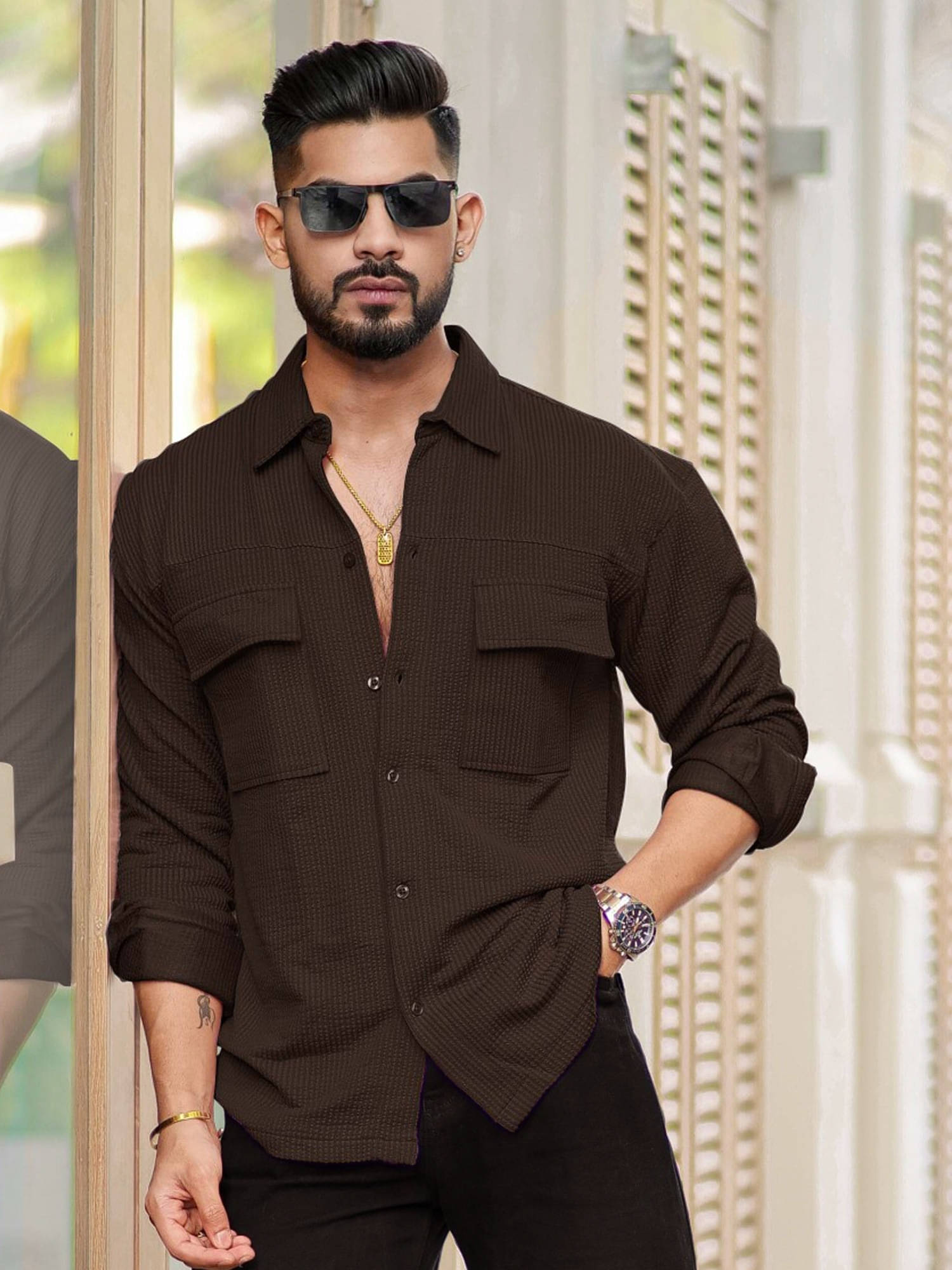     			Maniac Cotton Blend Oversized Fit Self Design Full Sleeves Men's Casual Shirt - Brown ( Pack of 1 )