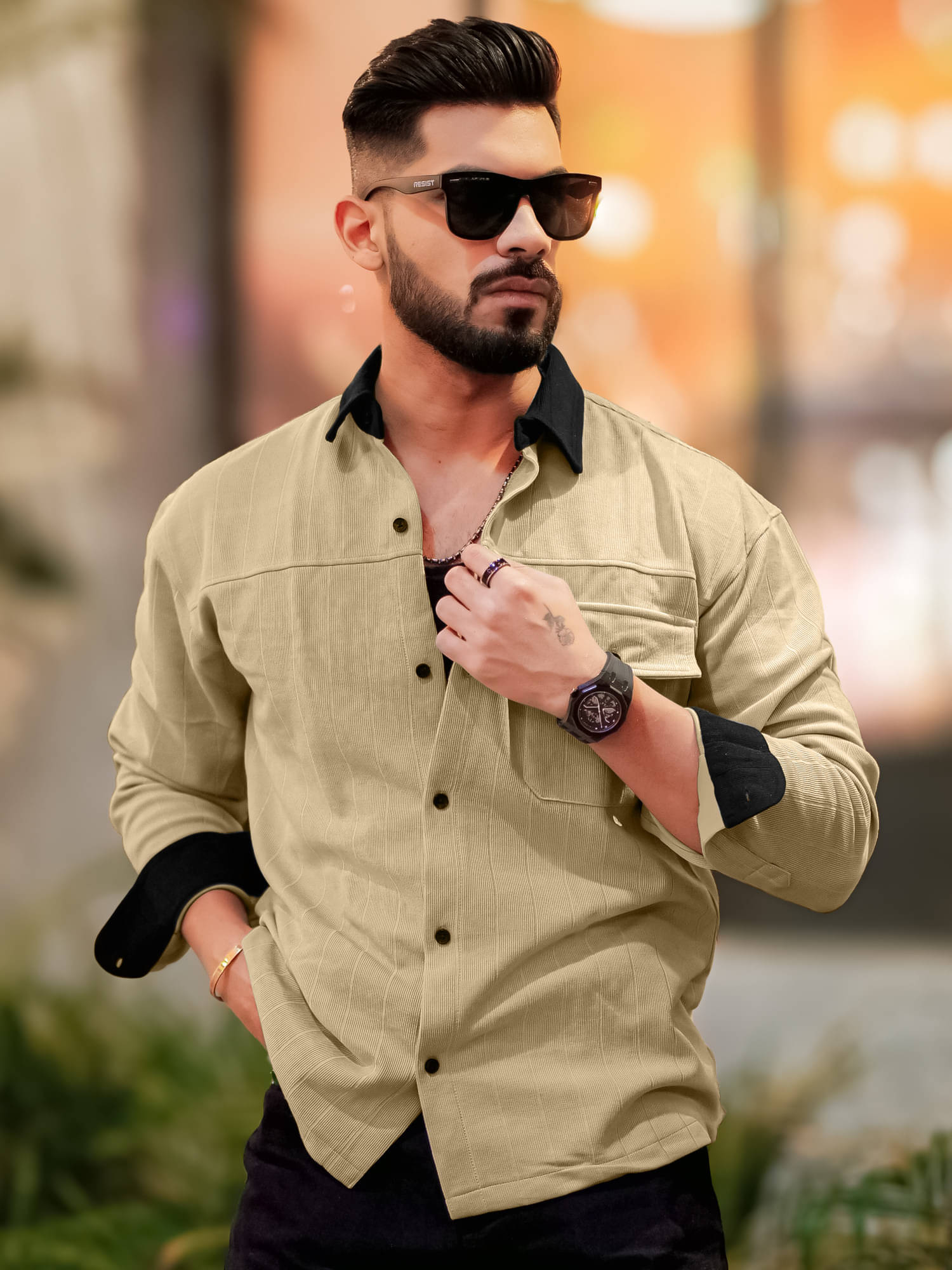     			Maniac Cotton Blend Oversized Fit Solids Full Sleeves Men's Casual Shirt - Beige ( Pack of 1 )