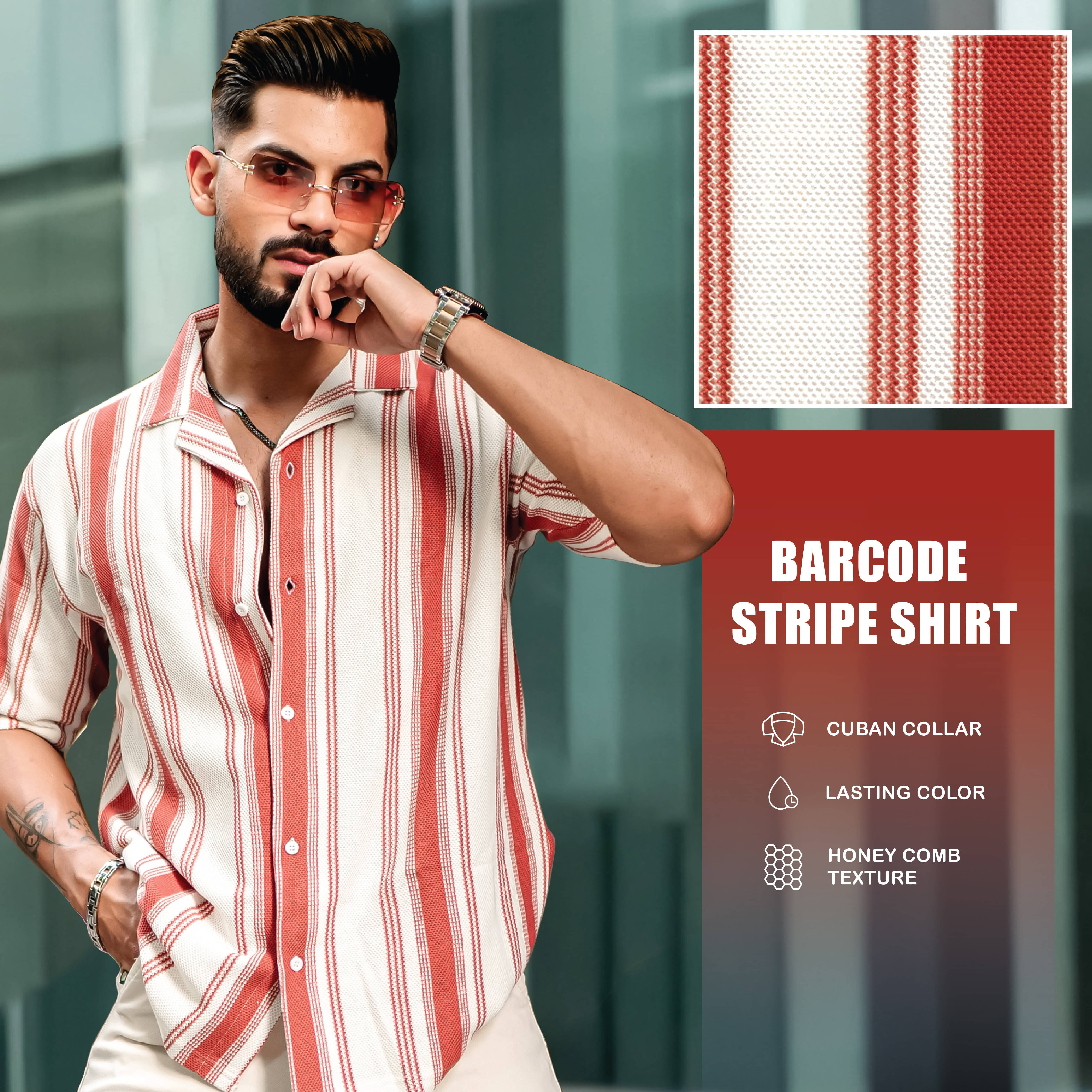     			Maniac Cotton Blend Oversized Fit Striped Half Sleeves Men's Casual Shirt - Orange ( Pack of 1 )
