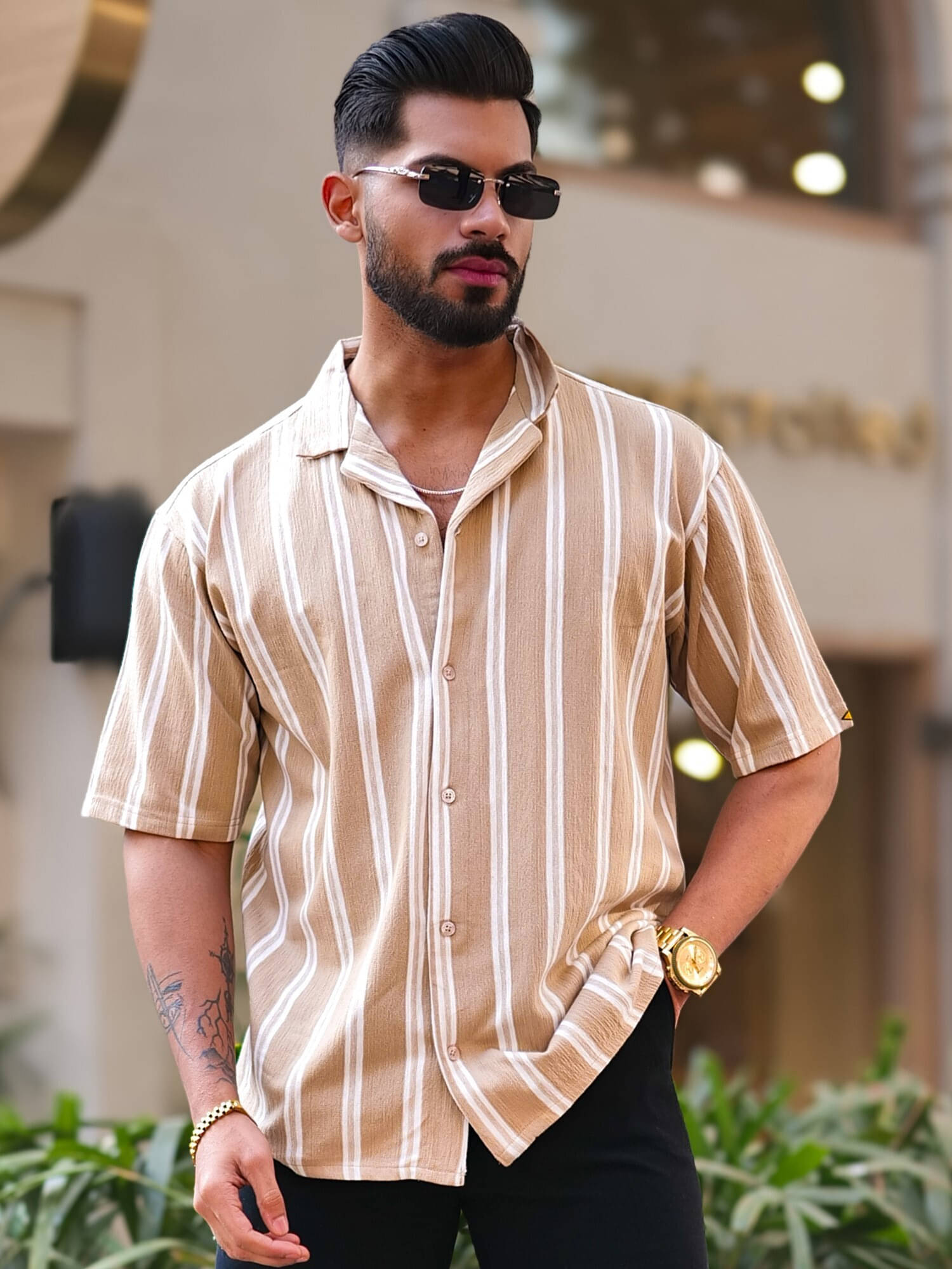 Maniac Cotton Blend Oversized Fit Striped 3/4th Sleeves Men's Casual Shirt - Beige ( Pack of 1 ) Maniac Cotton Blend Oversized Fit Striped 3/4th Sleeves Men's Casual Shirt - Beige ( Pack of 1 )