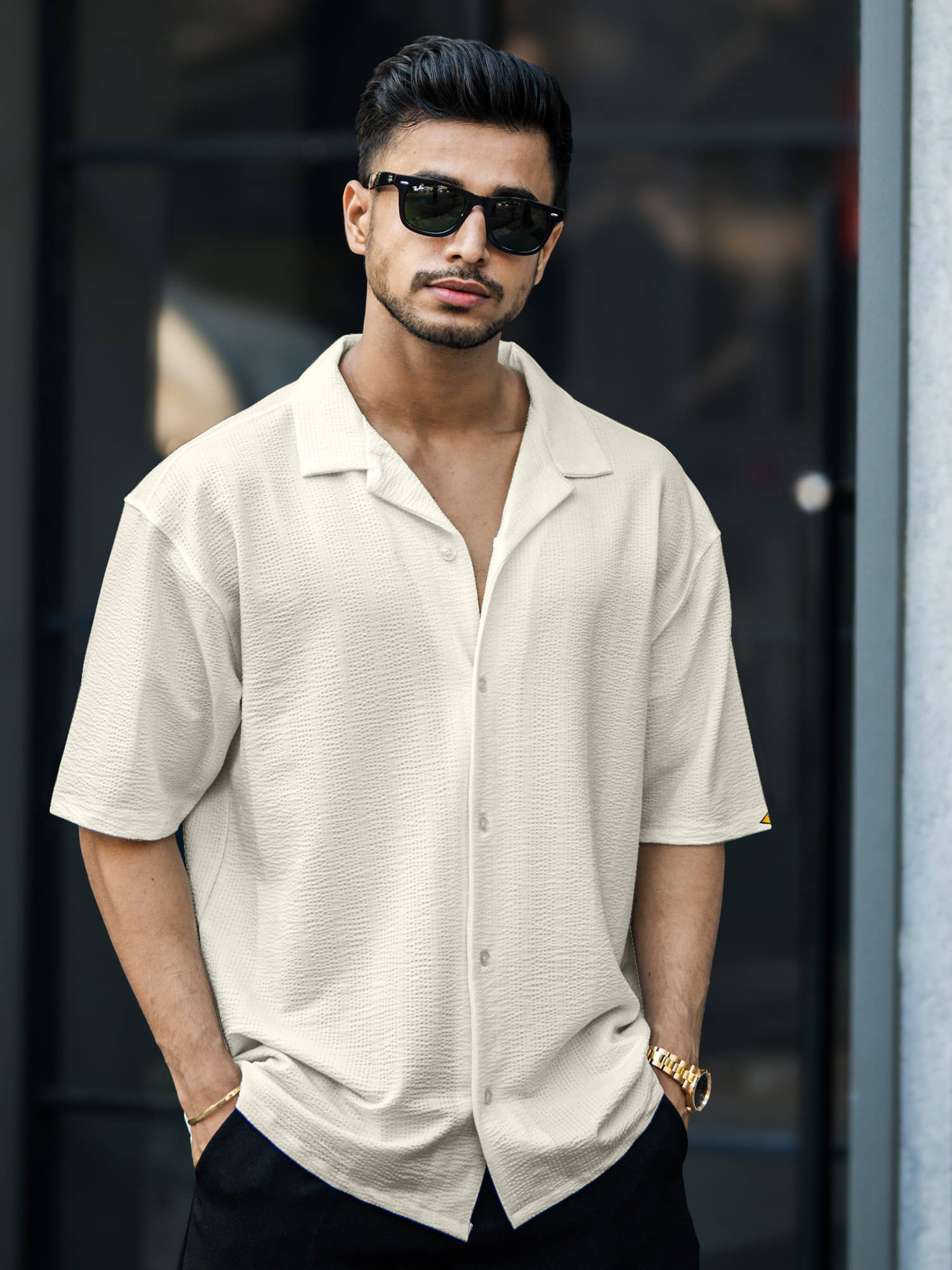     			Maniac Cotton Blend Oversized Fit Self Design Half Sleeves Men's Casual Shirt - Beige ( Pack of 1 )