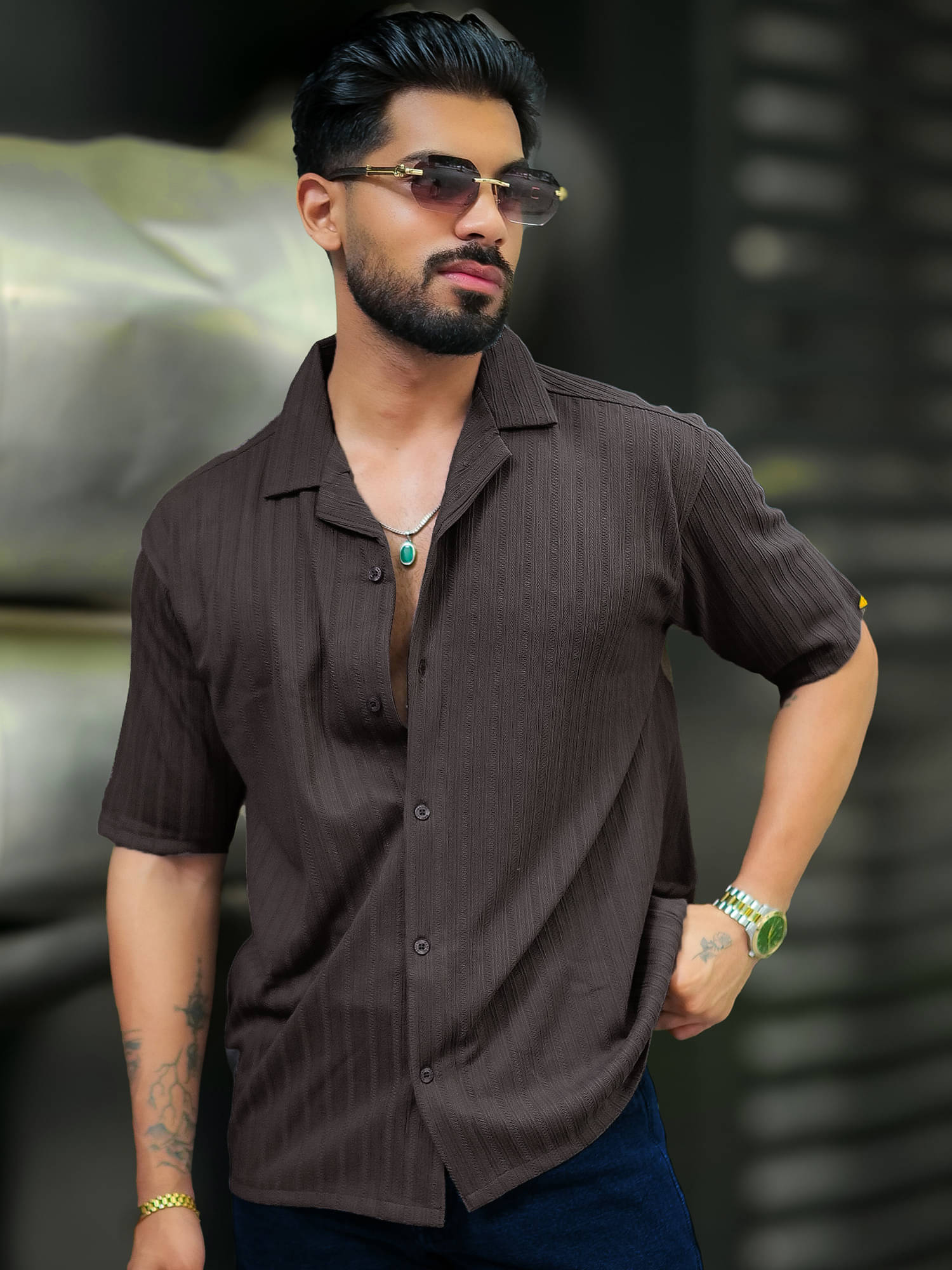     			Maniac Cotton Blend Oversized Fit Self Design Half Sleeves Men's Casual Shirt - Grey ( Pack of 1 )