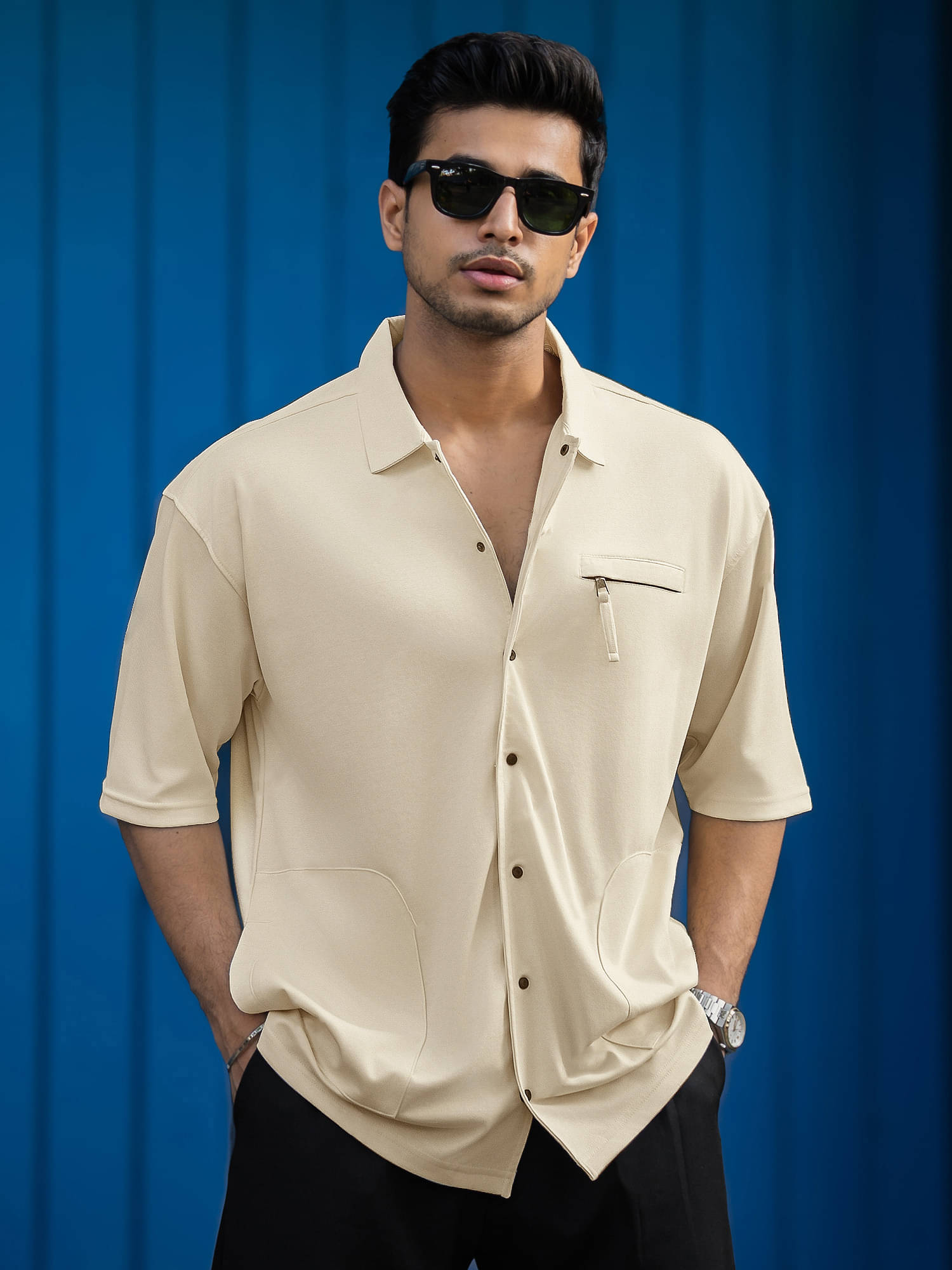     			Maniac Cotton Blend Oversized Fit Solids Half Sleeves Men's Casual Shirt - Cream ( Pack of 1 )