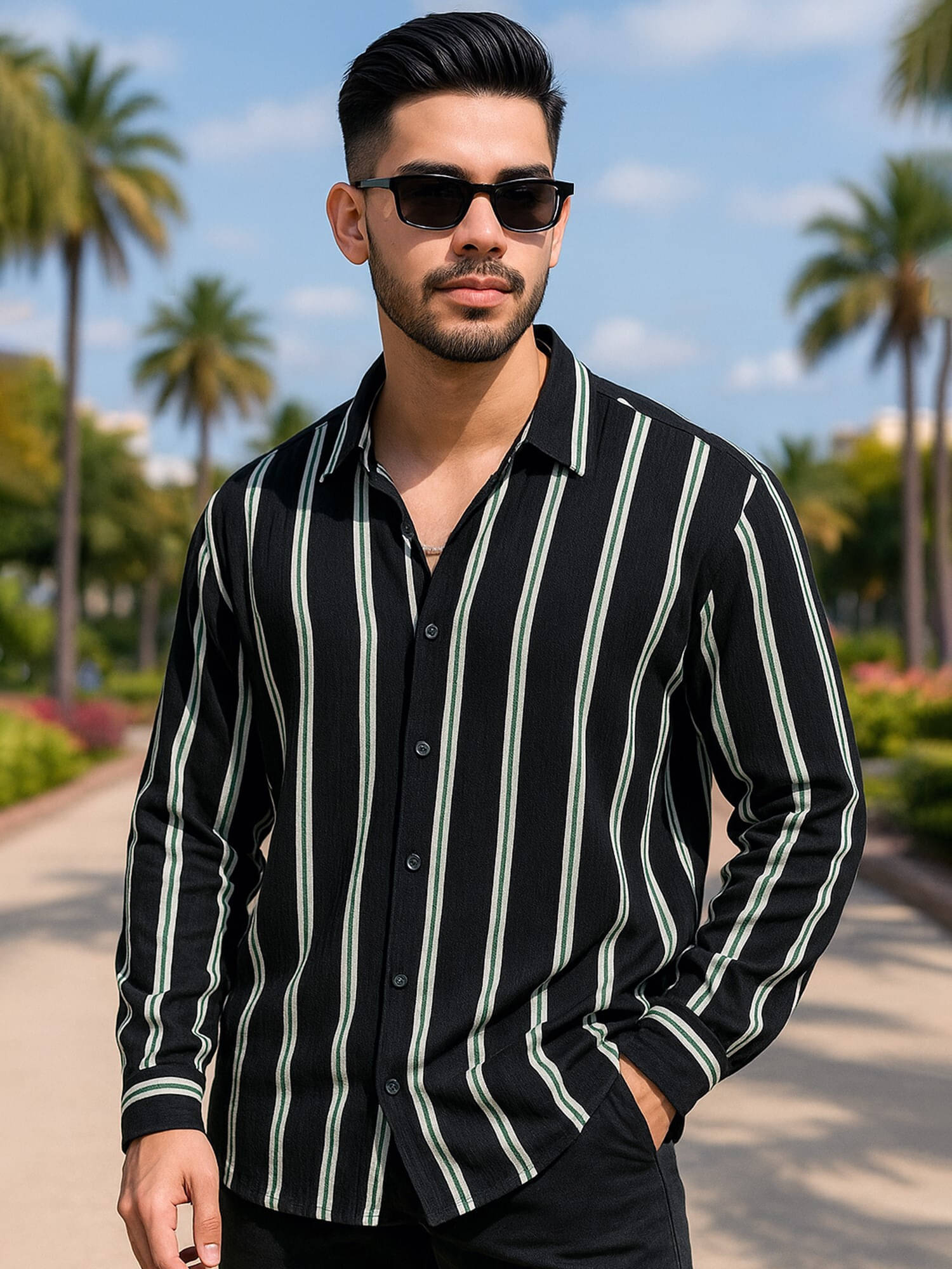 Maniac Cotton Blend Regular Fit Striped Full Sleeves Men's Casual Shirt - Black ( Pack of 1 ) Maniac Cotton Blend Regular Fit Striped Full Sleeves Men's Casual Shirt - Black ( Pack of 1 )