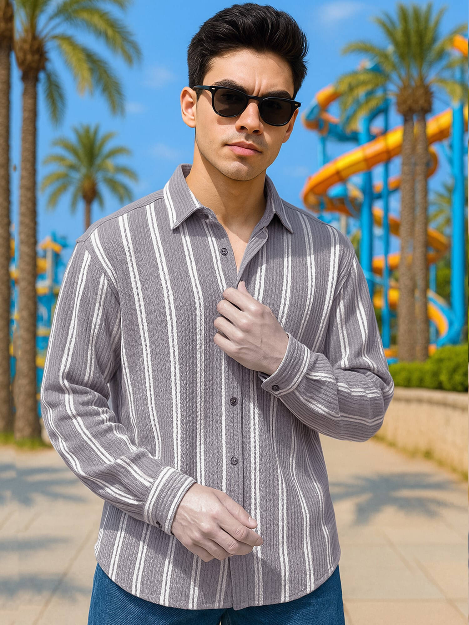    			Maniac Cotton Blend Regular Fit Striped Full Sleeves Men's Casual Shirt - Grey ( Pack of 1 )
