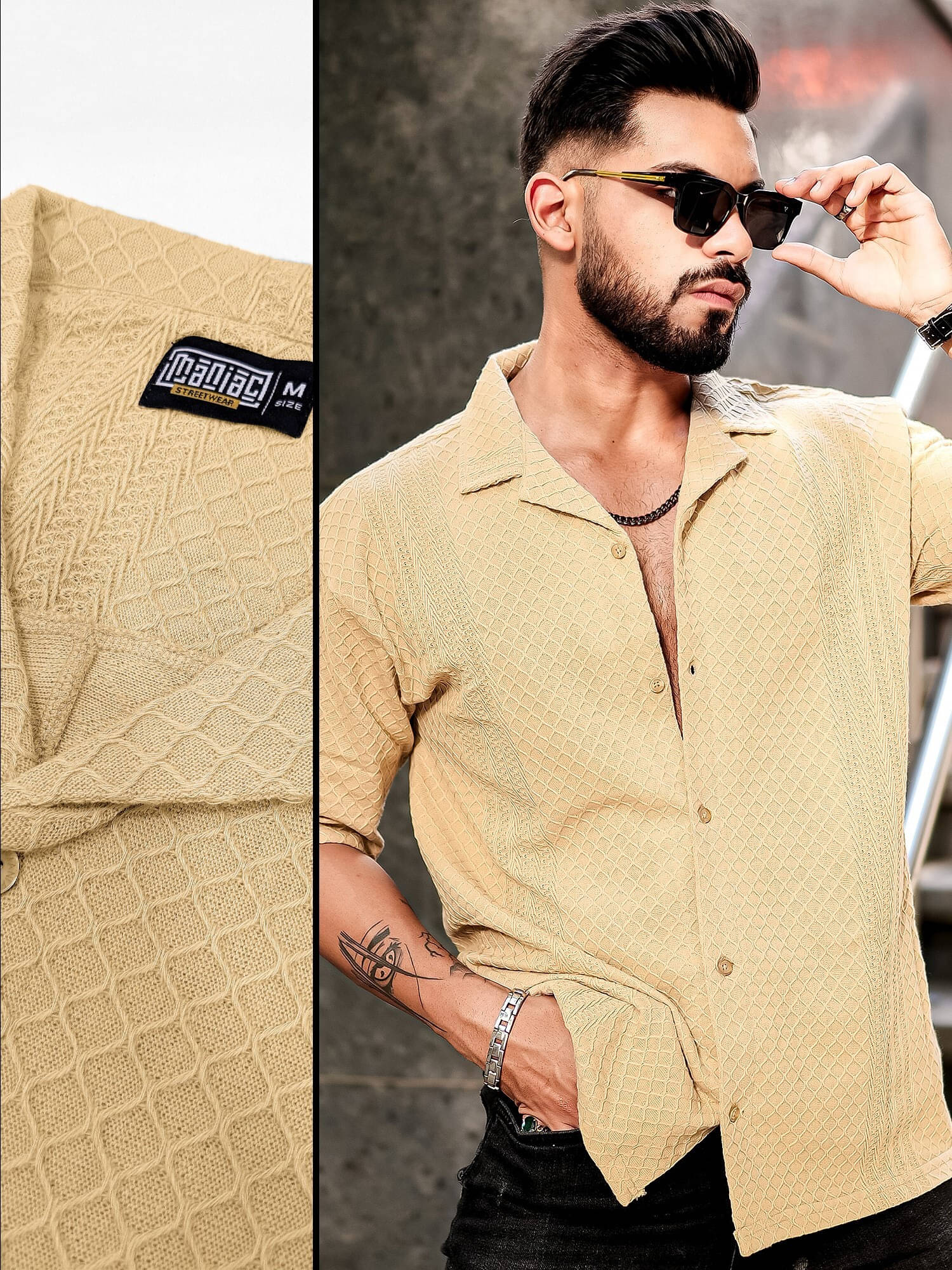     			Maniac Poly Cotton Oversized Fit Self Design Half Sleeves Men's Casual Shirt - Beige ( Pack of 1 )