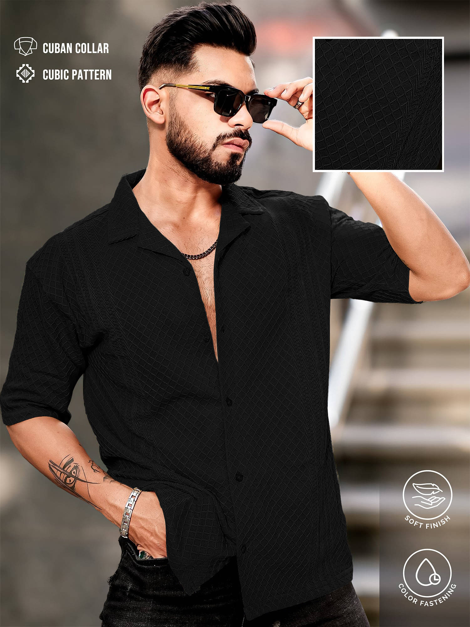     			Maniac Poly Cotton Oversized Fit Self Design Half Sleeves Men's Casual Shirt - Black ( Pack of 1 )