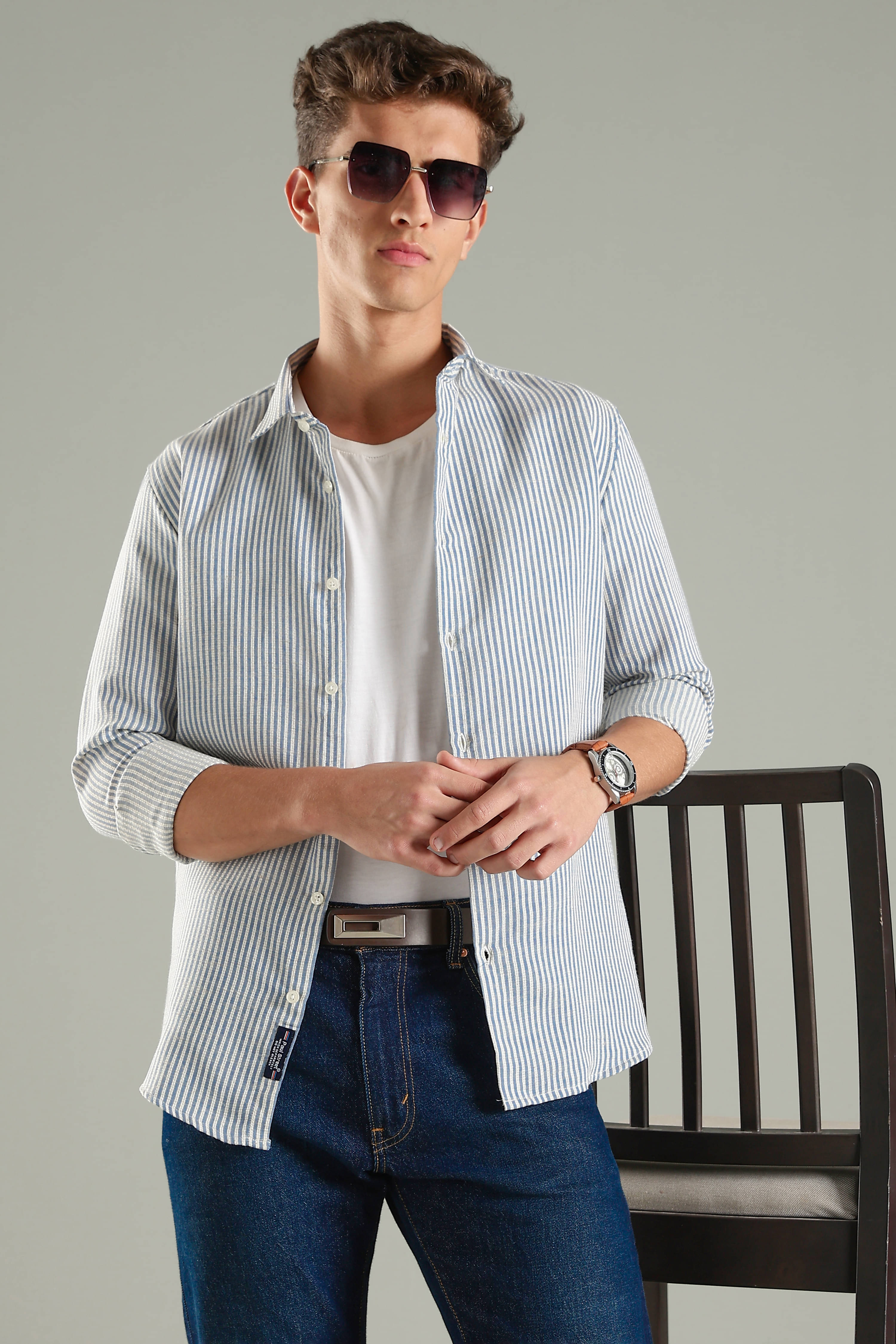 Paul Street 100% Cotton Regular Fit Striped Full Sleeves Men's Casual Shirt - Blue ( Pack of 1 )     			Paul Street 100% Cotton Regular Fit Striped Full Sleeves Men's Casual Shirt - Blue ( Pack of 1 )