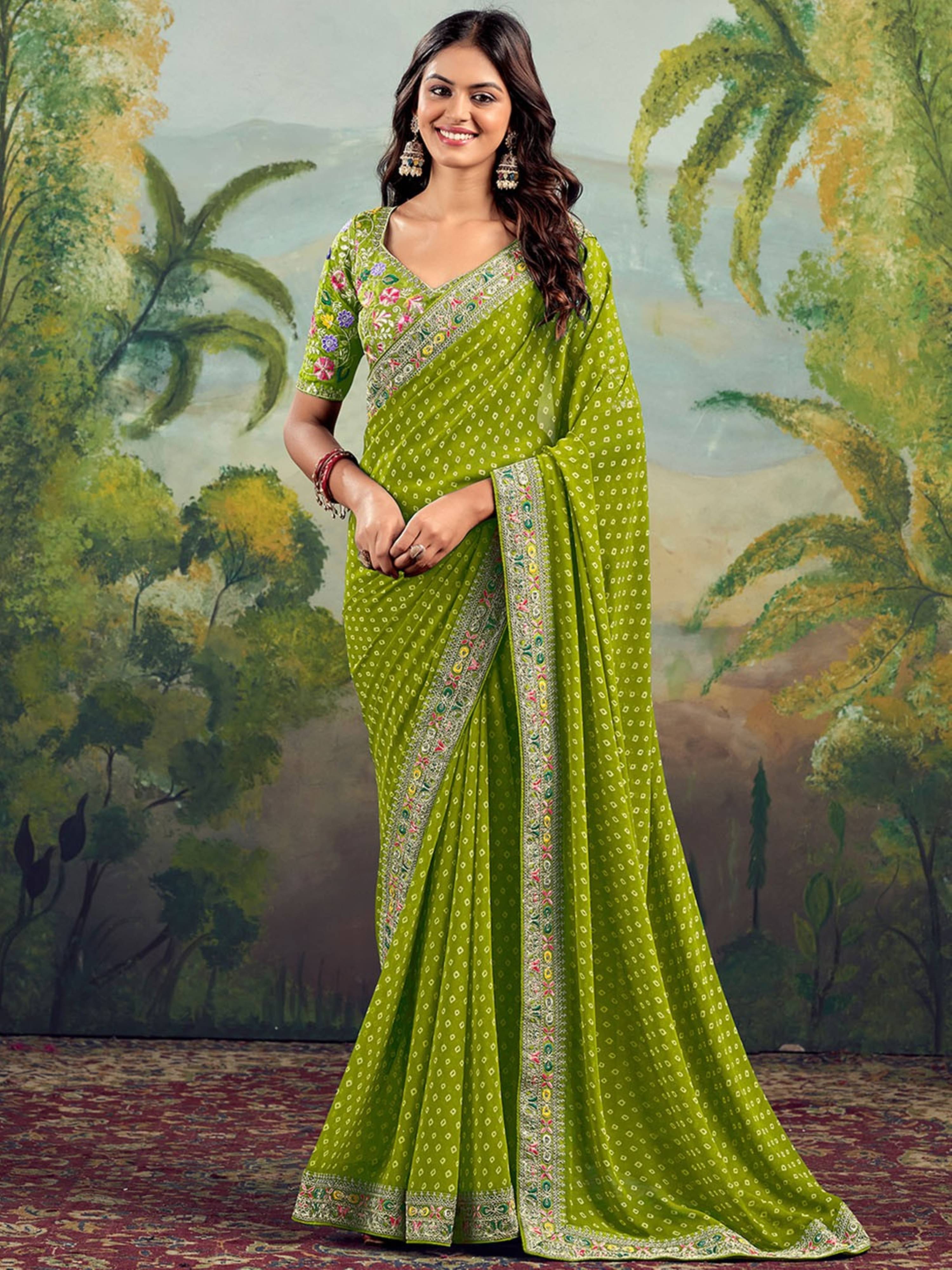 Rangtulika Ethnics Georgette Embellished Bandhani Sarees With Unstitched Blouse Piece ( Mint Green ) Rangtulika Ethnics Georgette Embellished Bandhani Sarees With Unstitched Blouse Piece ( Mint Green )