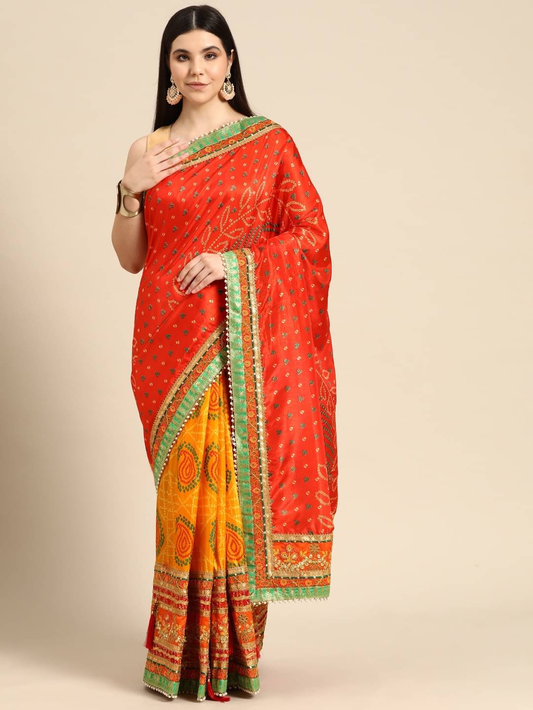 Rangtulika Ethnics Silk Blend Printed Bandhani Sarees With Unstitched Blouse Piece ( Yellow ) Rangtulika Ethnics Silk Blend Printed Bandhani Sarees With Unstitched Blouse Piece ( Yellow )