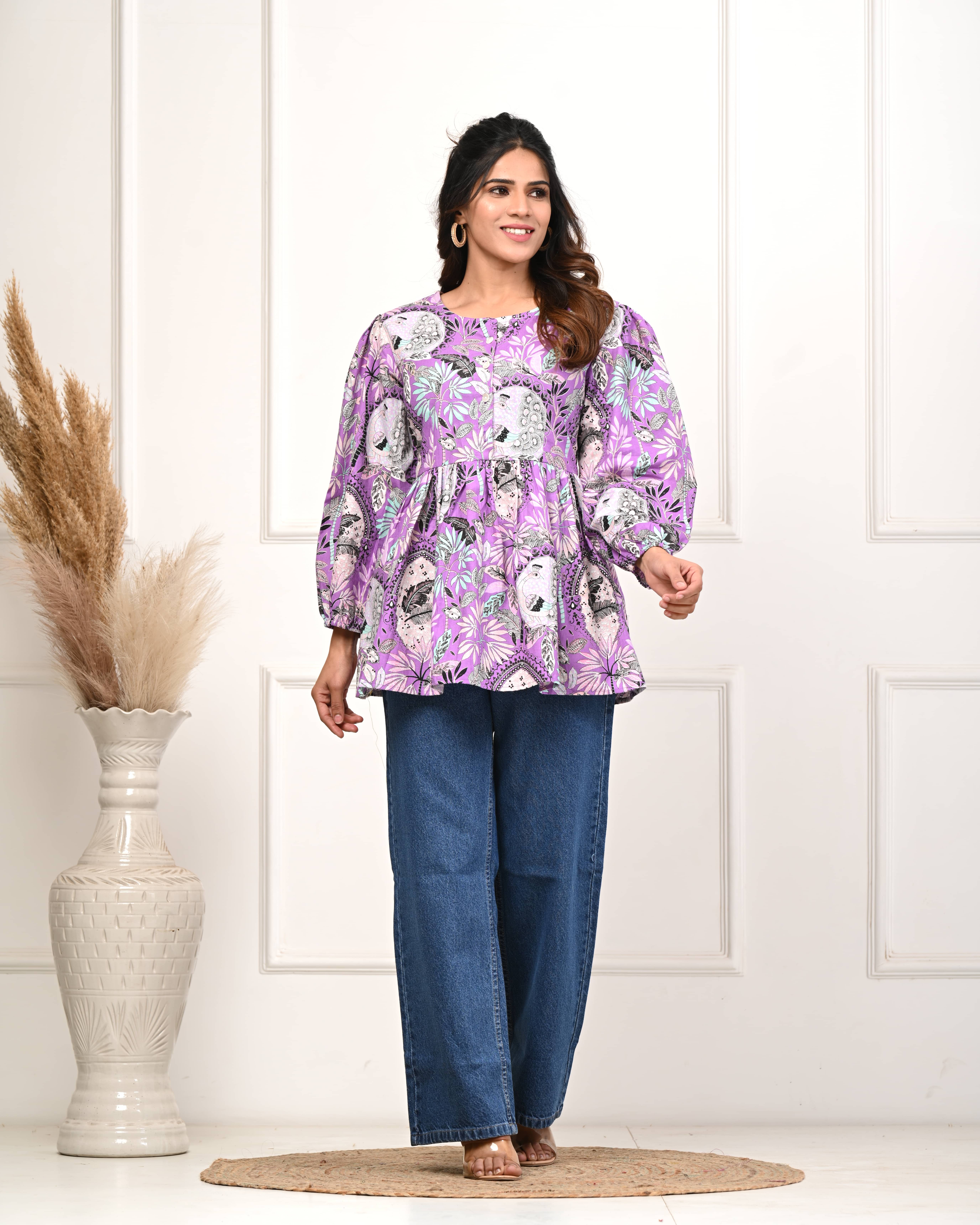     			Rimeline Fashion Women Cotton Printed Flared Kurti ( Purple )