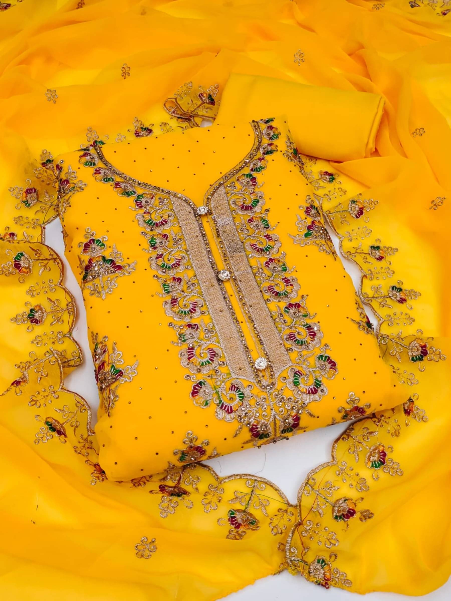 Shree Mahantam Women Georgette Unstitched Dress Material ( Yellow ) Shree Mahantam Women Georgette Unstitched Dress Material ( Yellow )