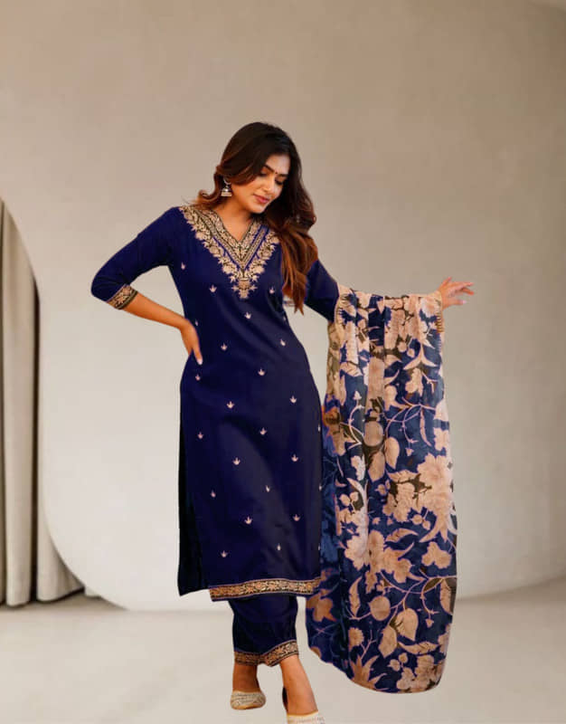 piludi Women Rayon Embroidered Straight Kurti With Pants ( Navy Blue )