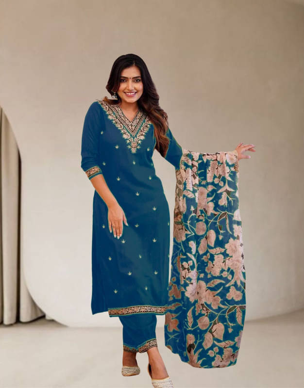     			piludi Women Rayon Embroidered Straight Kurti With Pants ( Teal )
