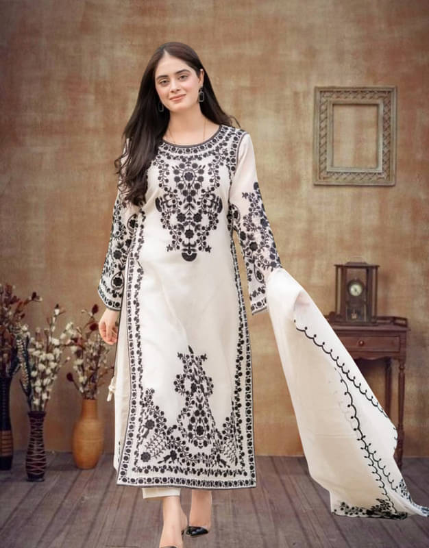     			piludi Women Silk Blend Embroidered Straight Kurti With Pants ( White )