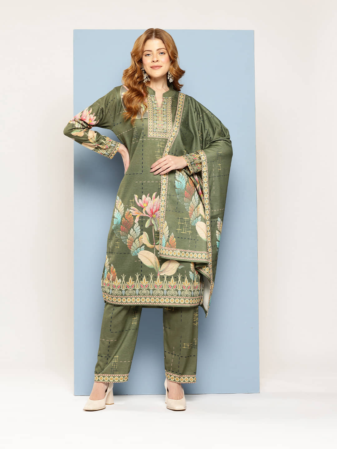 Aarika Women Woollen Printed Straight Kurti With Pants ( Green )