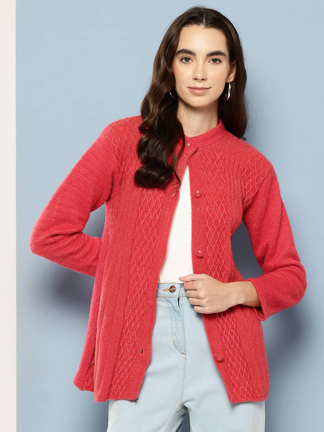 Aarika Woollen Regular Collar Women's Buttoned Cardigans - Red ( Single ) Aarika Woollen Regular Collar Women's Buttoned Cardigans - Red ( Single )