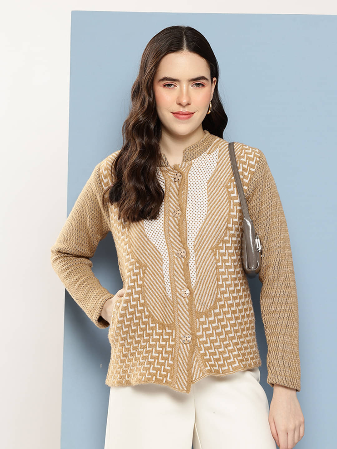     			Aarika Women Woollen Shirt Collar Cardigan ( Beige )