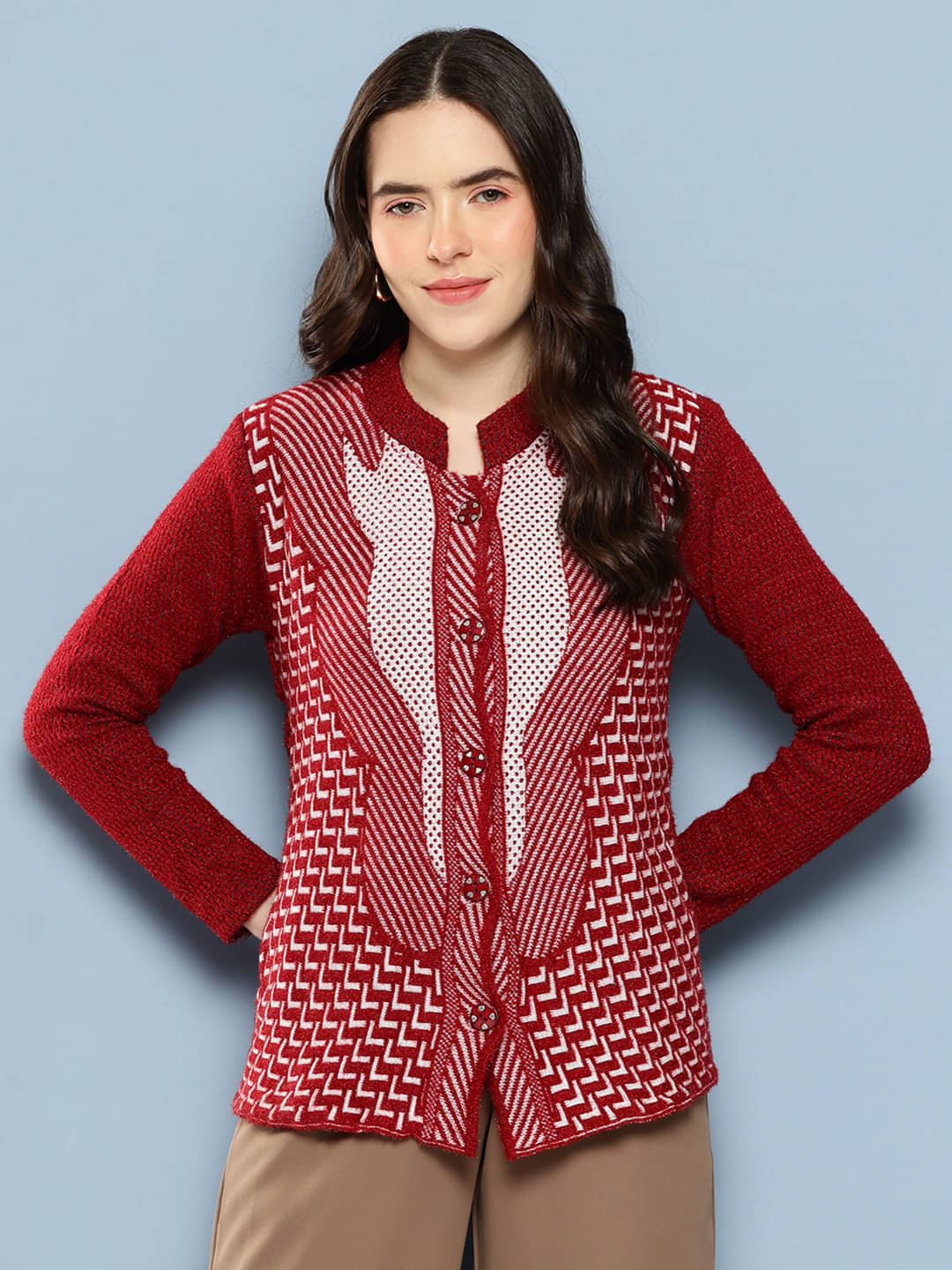     			Aarika Woollen Regular Collar Women's Buttoned Cardigans - Maroon ( Single )