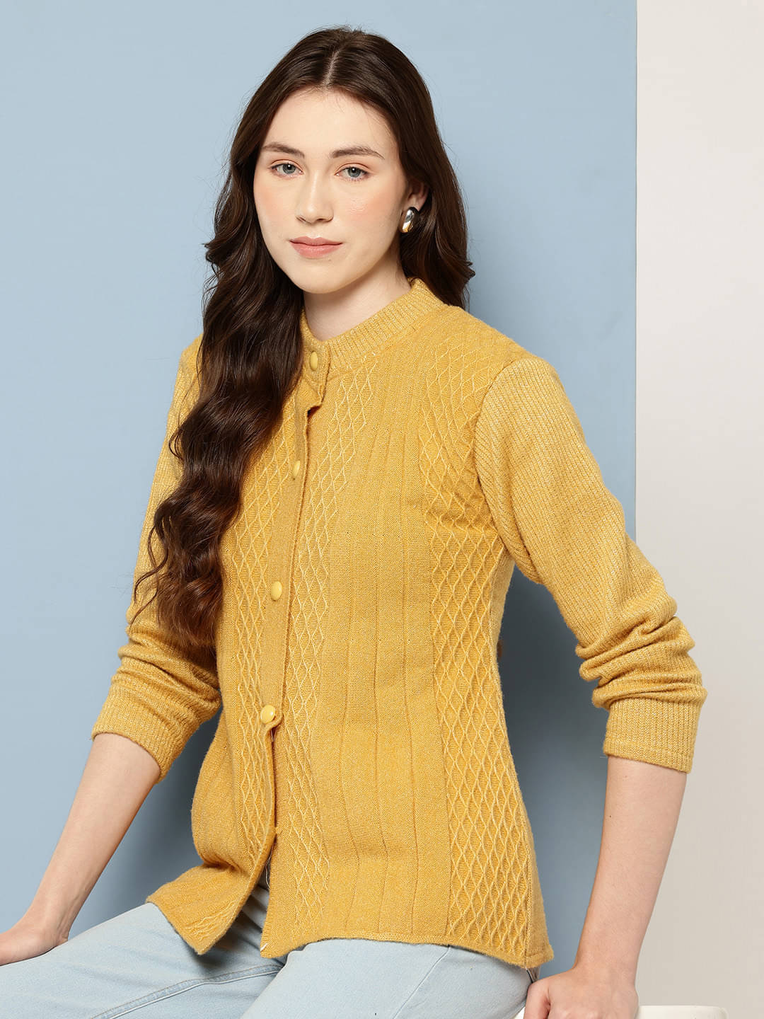 Aarika Woollen Regular Collar Women's Buttoned Cardigans - Yellow ( Single ) Aarika Woollen Regular Collar Women's Buttoned Cardigans - Yellow ( Single )