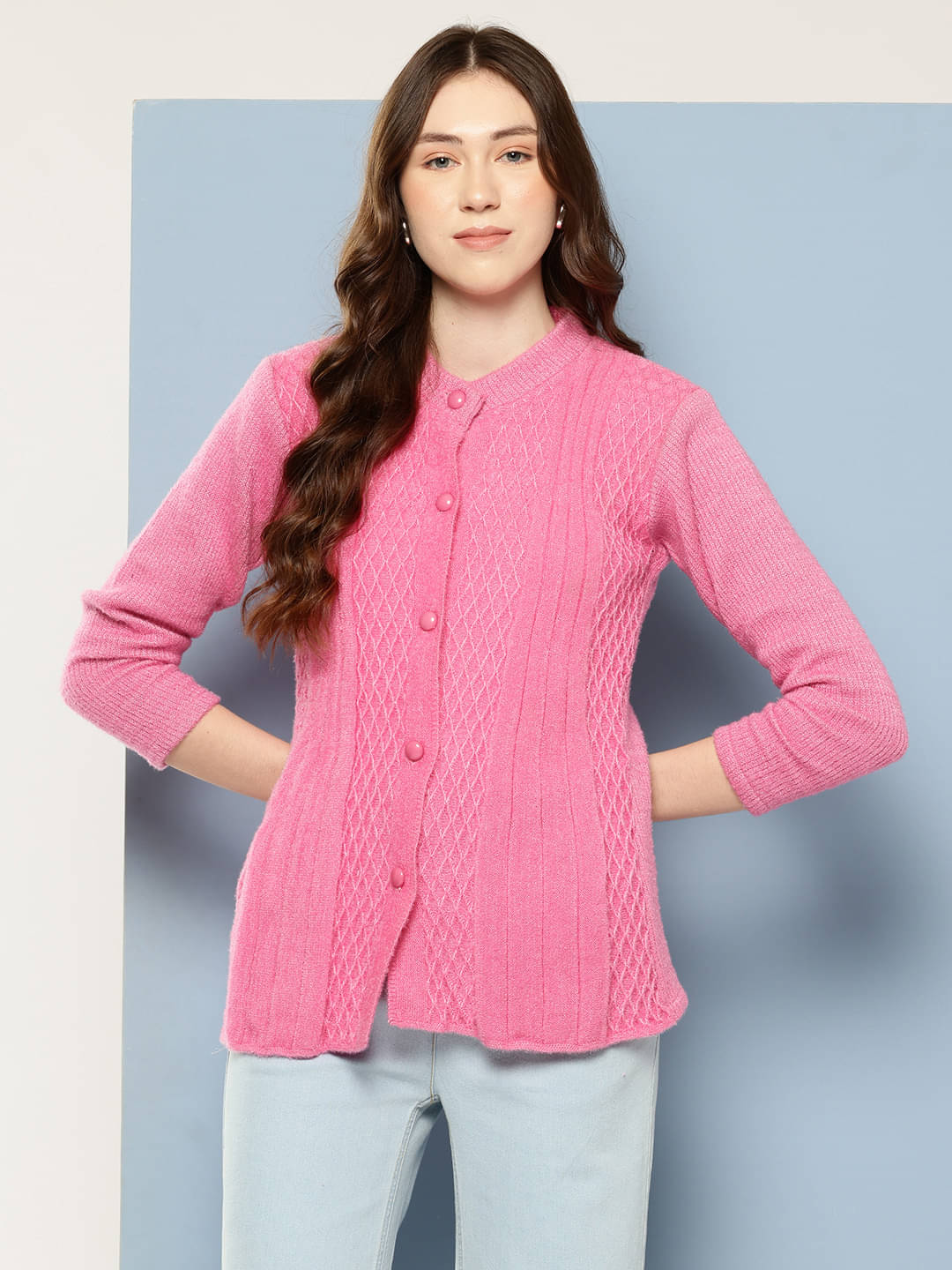 Aarika Woollen Regular Collar Women's Buttoned Cardigans - Pink ( Single ) Aarika Woollen Regular Collar Women's Buttoned Cardigans - Pink ( Single )